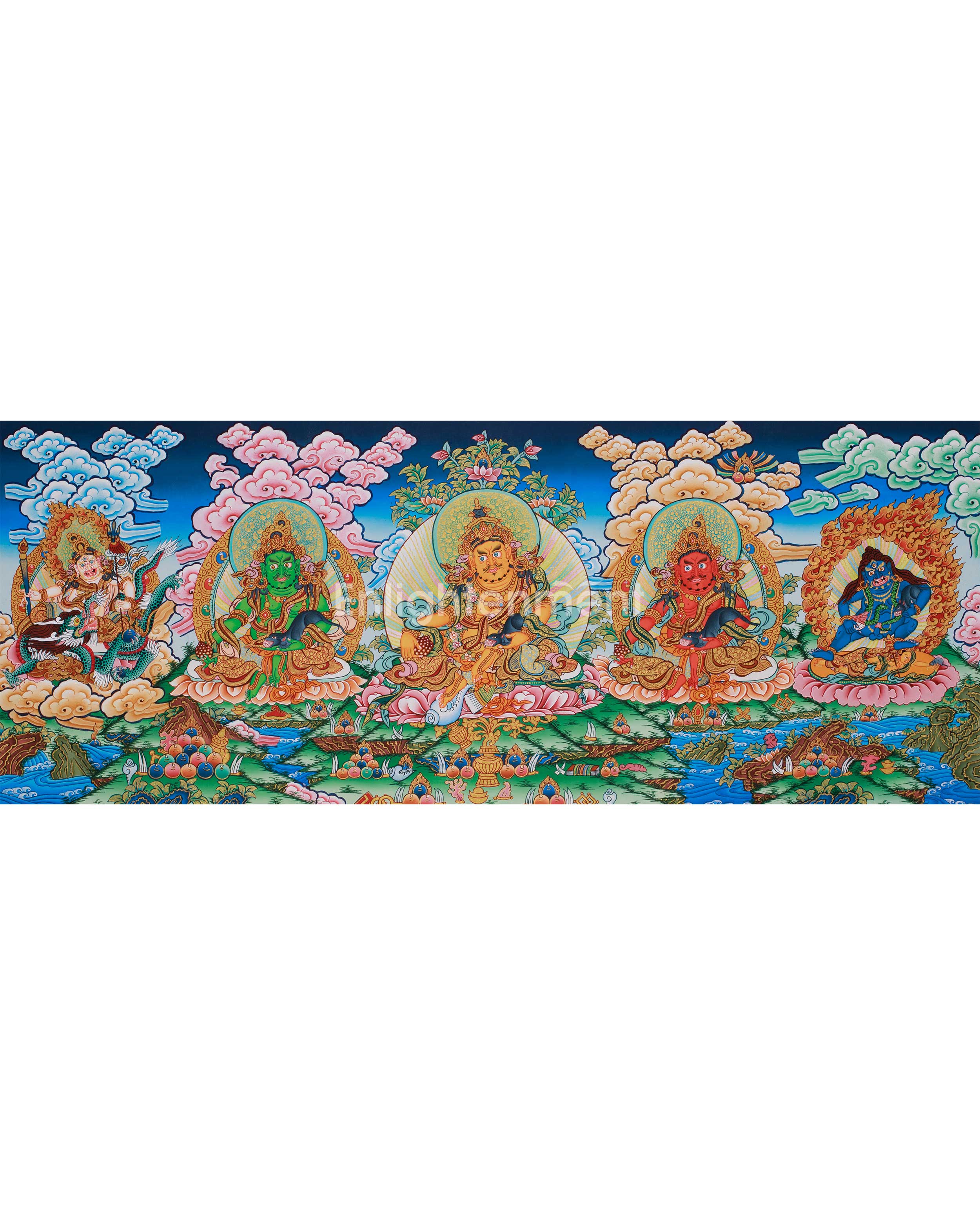 Buddhist 5 Dzambhala Thangka | Divine Guardians of Fortune & Wealth