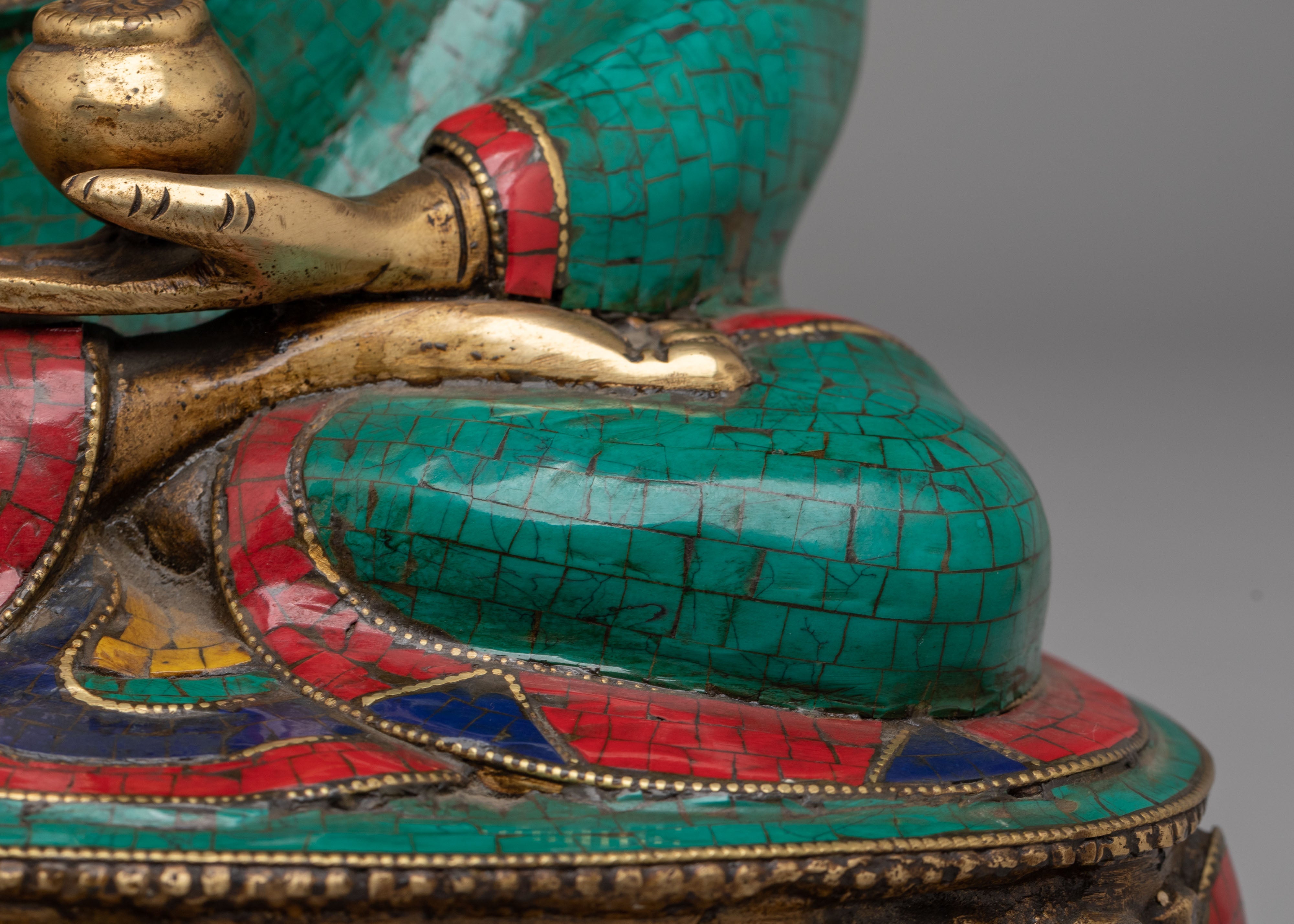 Scared Shakyamuni Buddha Statue | Handcrafted Brass Statue with Gemstones