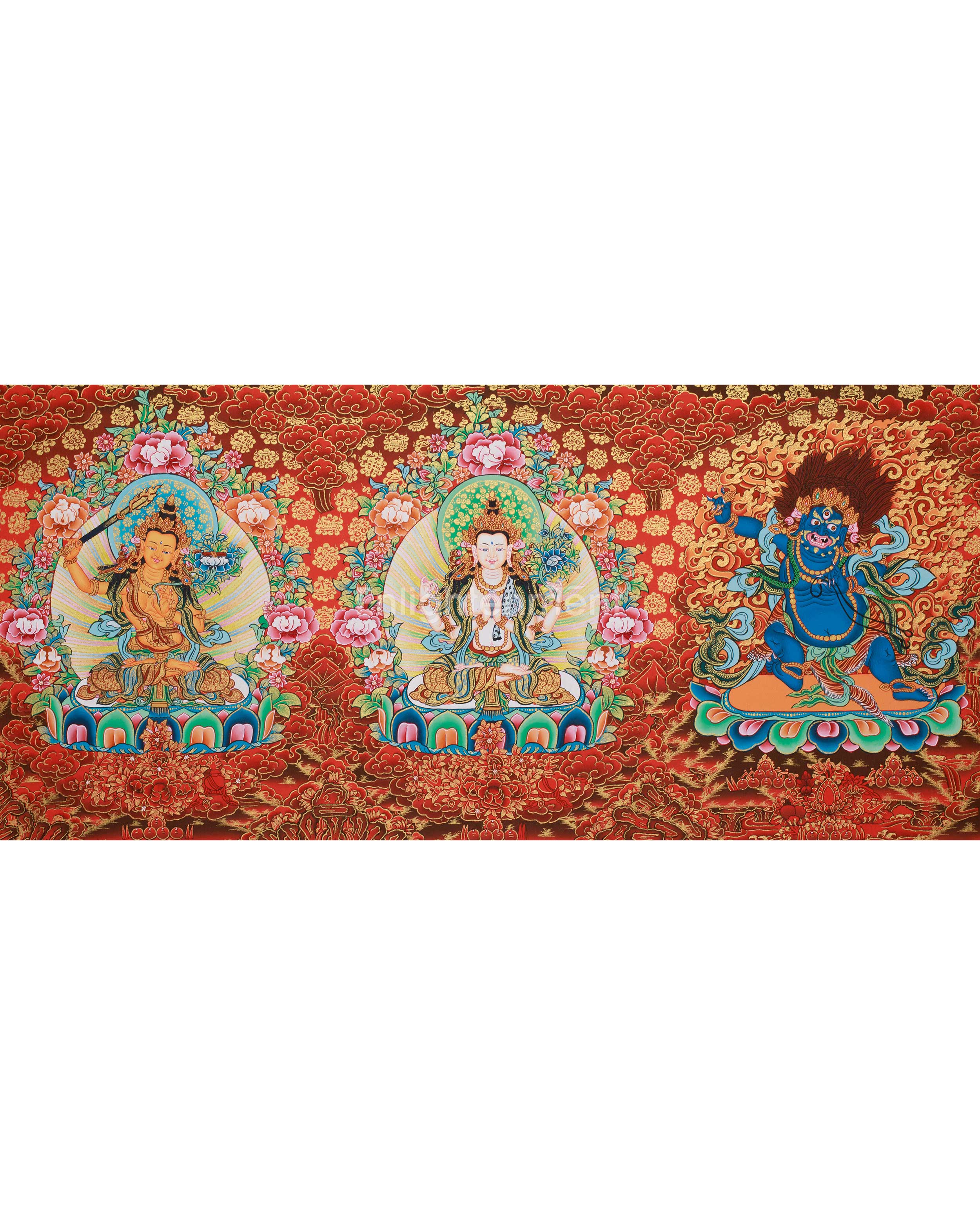 Three Bodhisattva Guardians Thangka | Chenrezig, Manjushri & Vajrapani