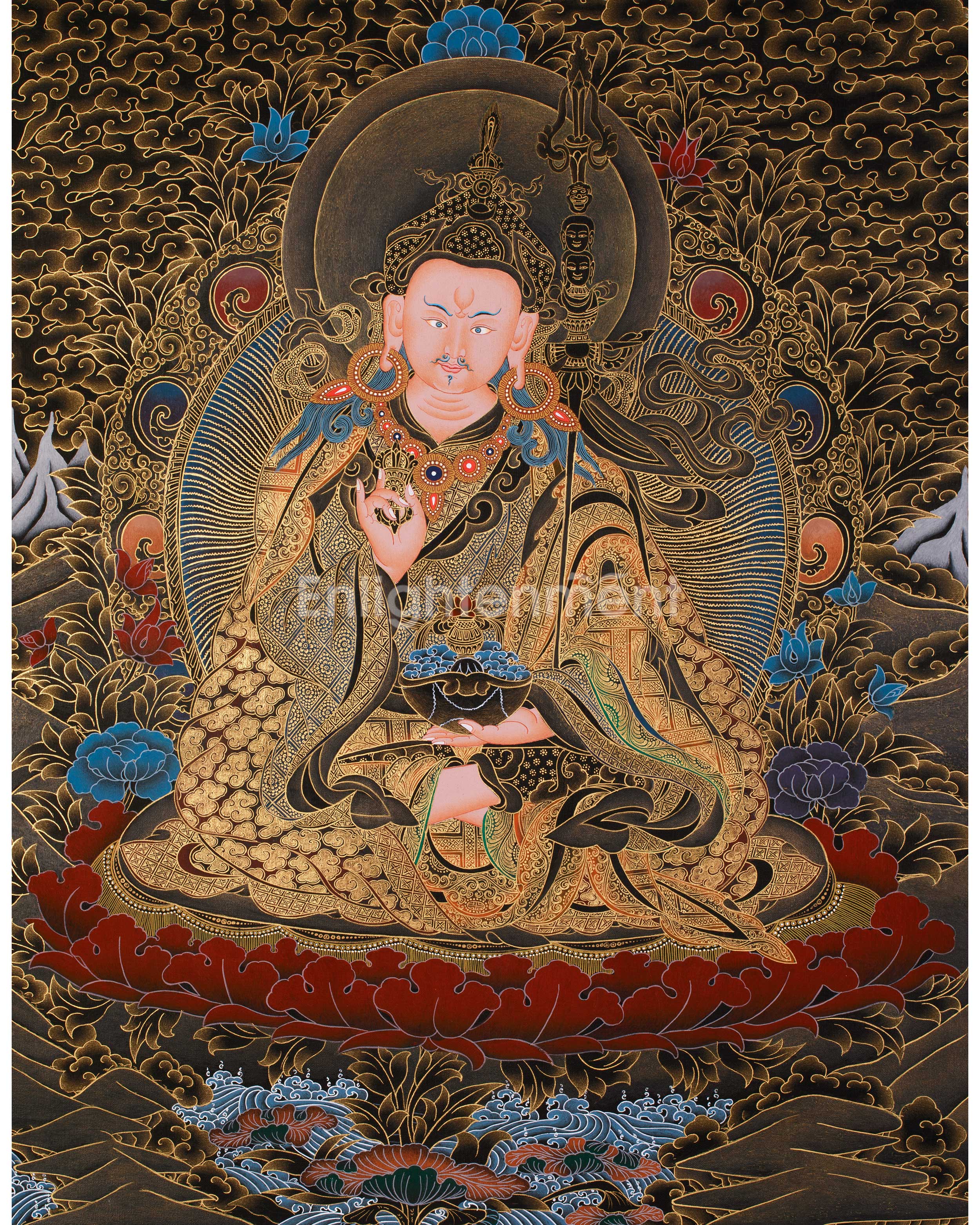 Guru Tsokyé Dorje Thangka | Masterful Gold Detailing on Black Canvas