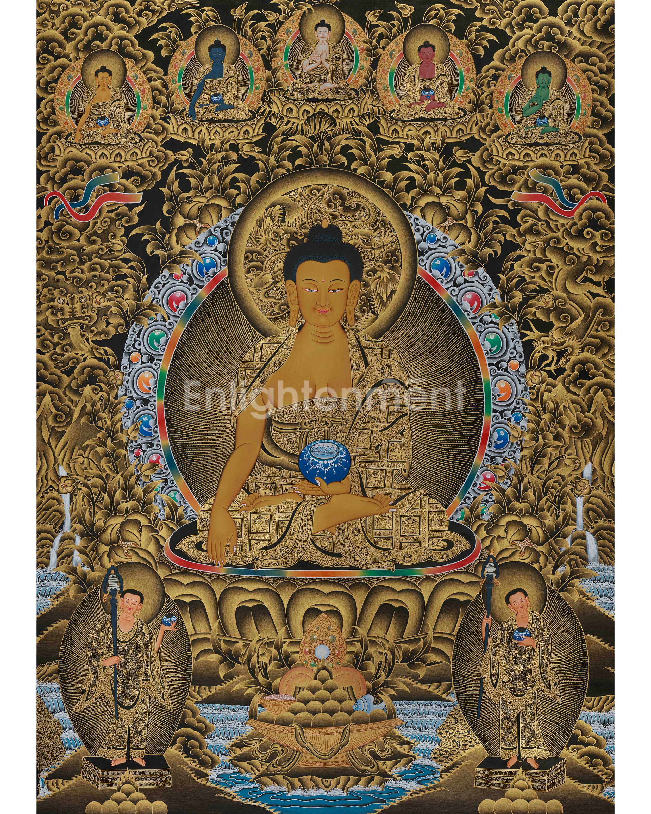 Gold Thangka of Shakyamuni Buddha | Five Dhyani Buddhas With Two Disciples