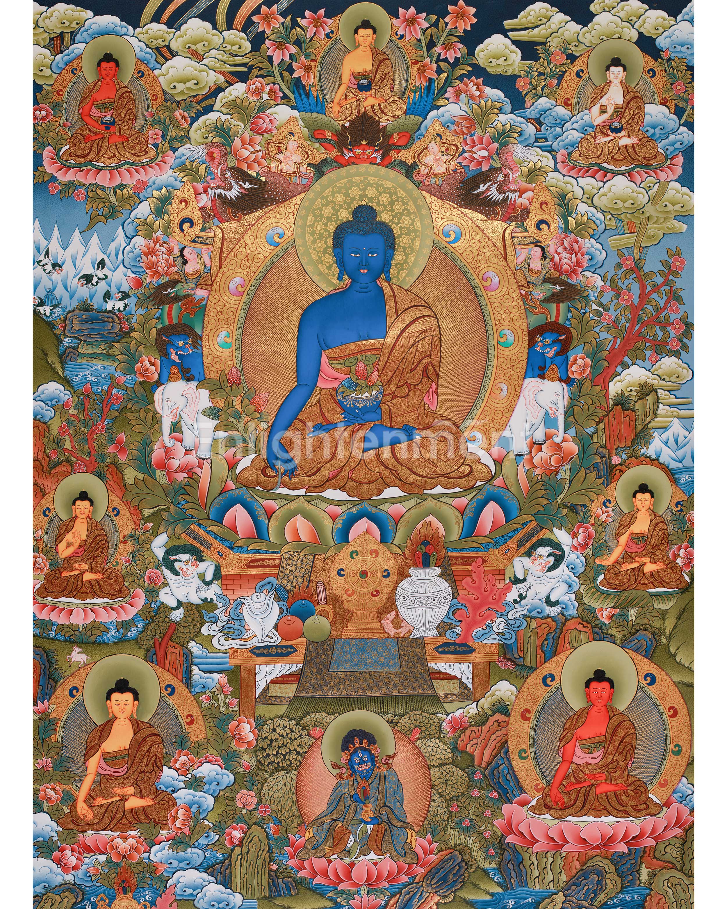Assembly of 8 Medicine Buddhas | Tibetan Bhaisajyaguru Large Thangka Painting