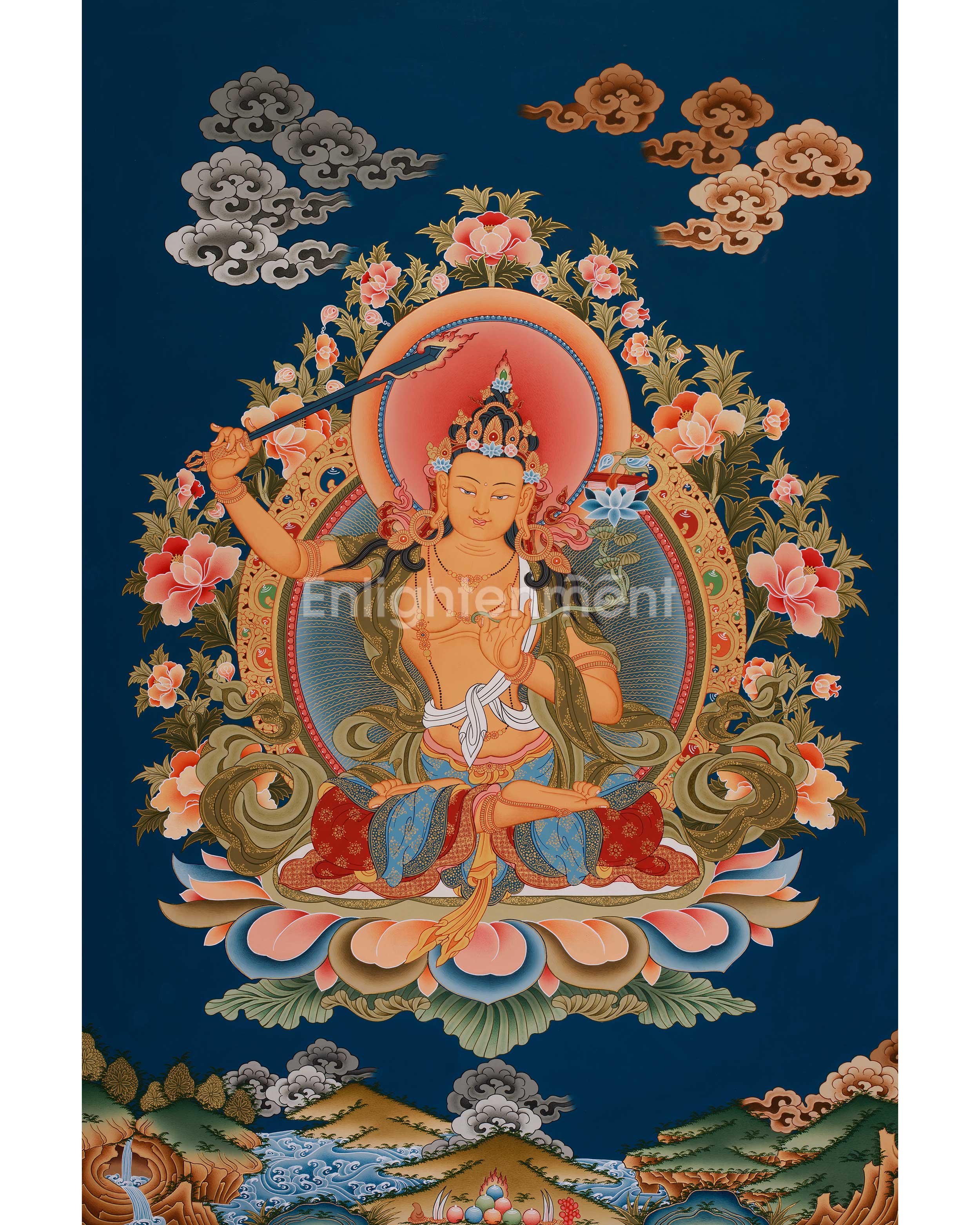 Hand-Painted Bodhisattva Manjushree Thangka | Large Buddhist Artwork of Wisdom Buddha