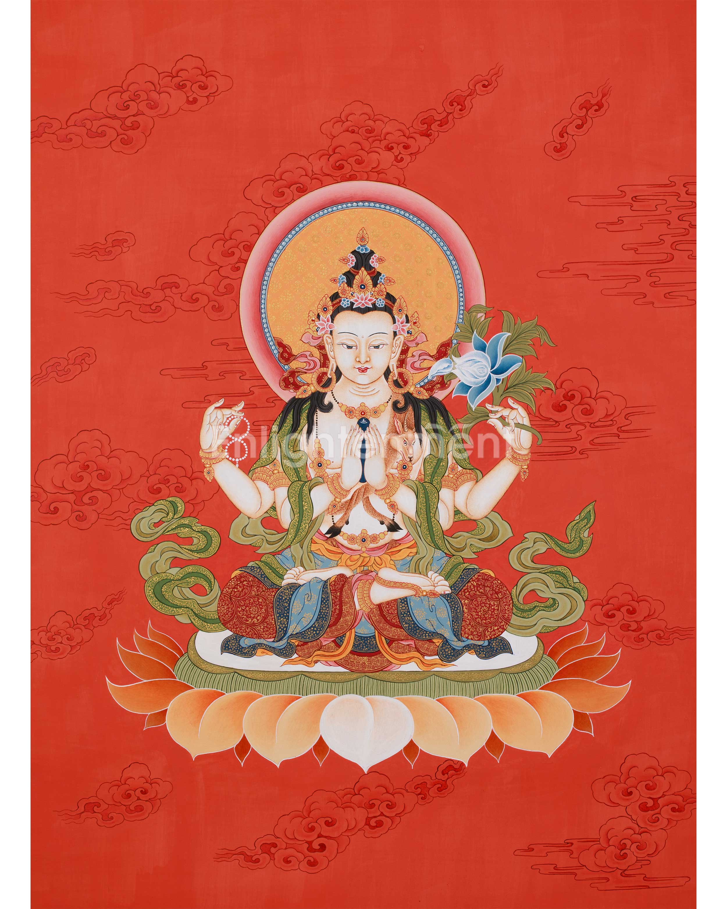 Thangka of Bodhisattva Chenrezig | Minimal Red Hues Artwok