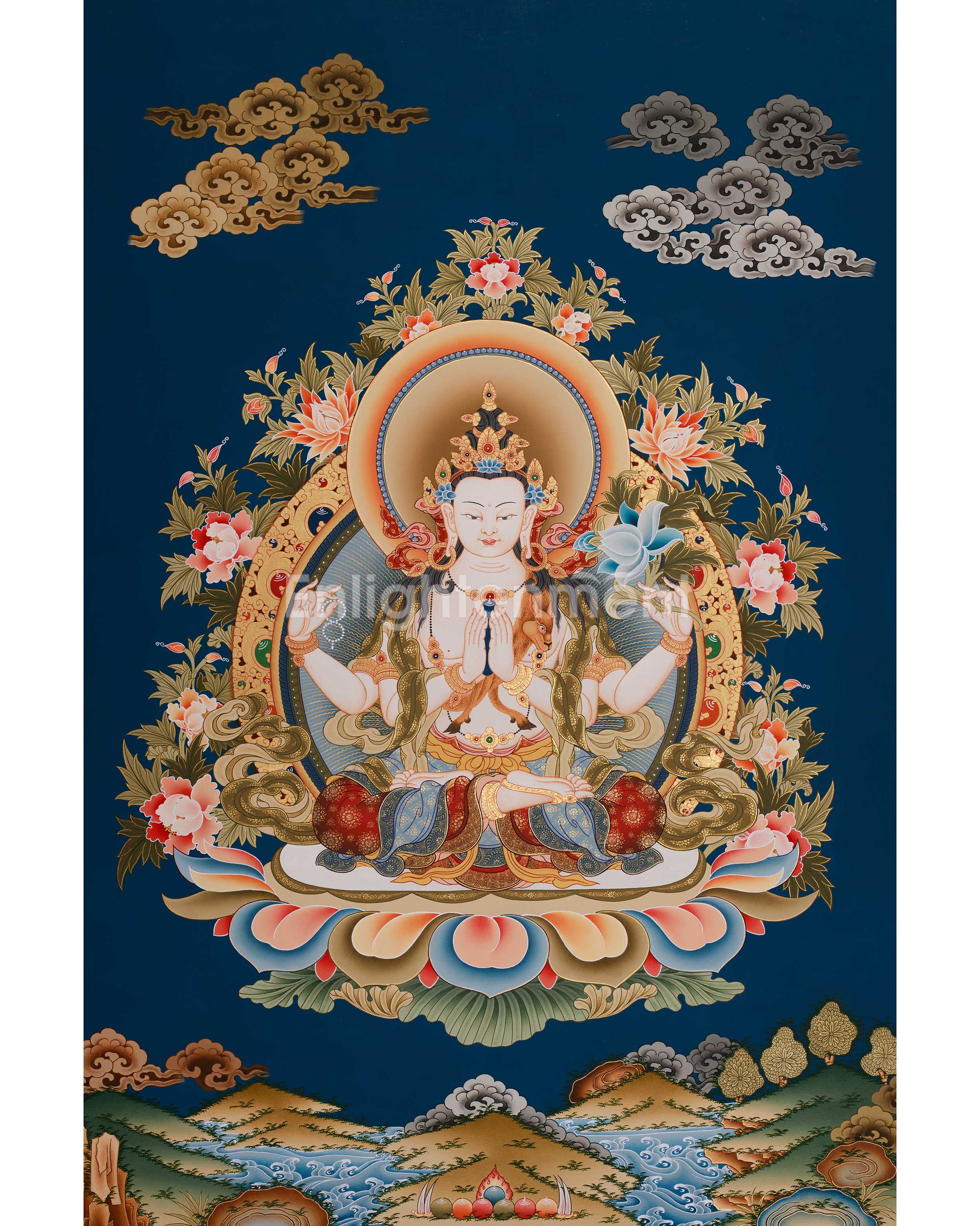 Compassionate Buddha Chenrezig (Avalokiteshvara) Thangka | Deity of Mercy, Wisdom & Enlightened Activity