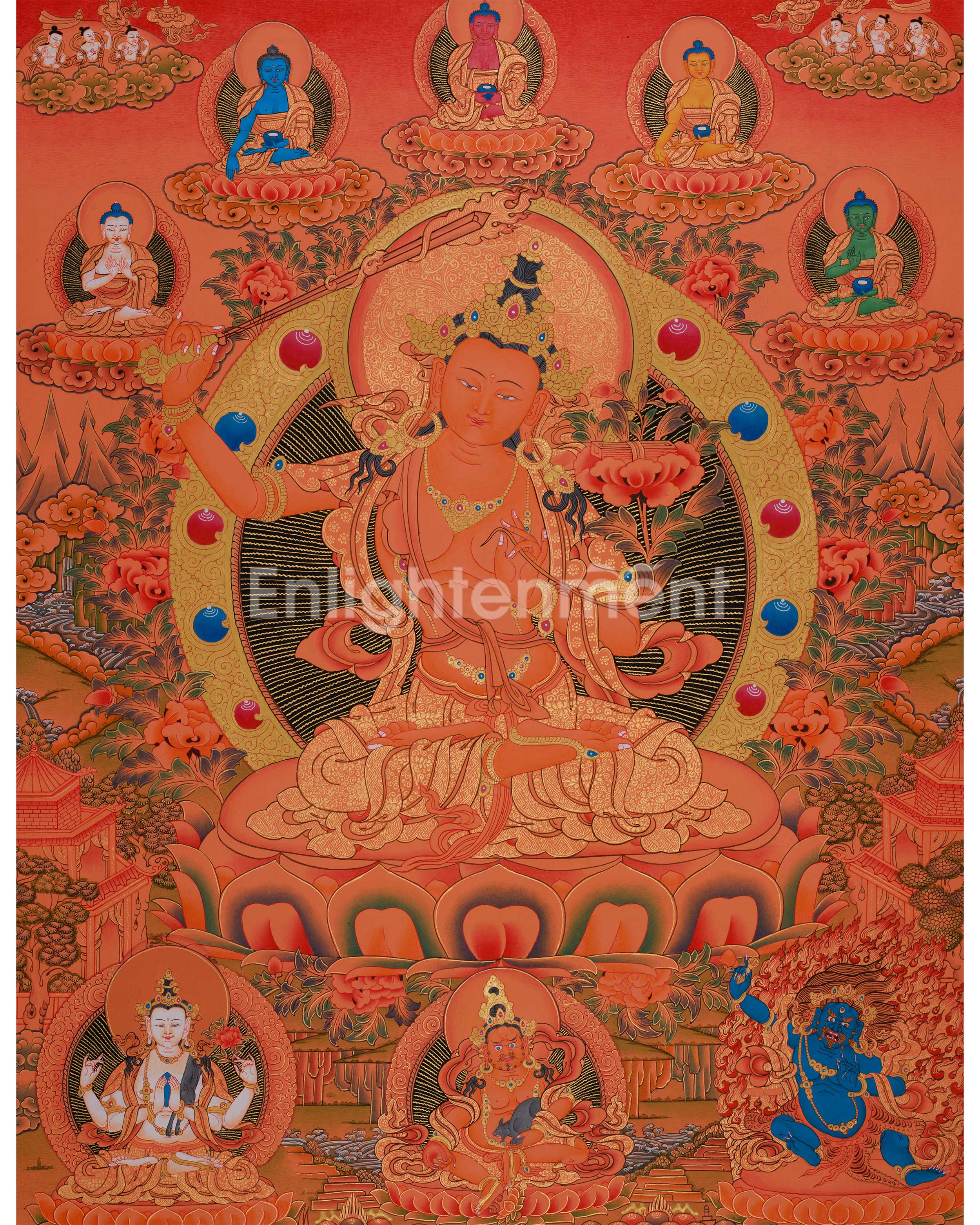 Manjushri with Five Buddhas & Bodhisattvas |  Sacred Thangka of Wisdom and Enlightened Energy