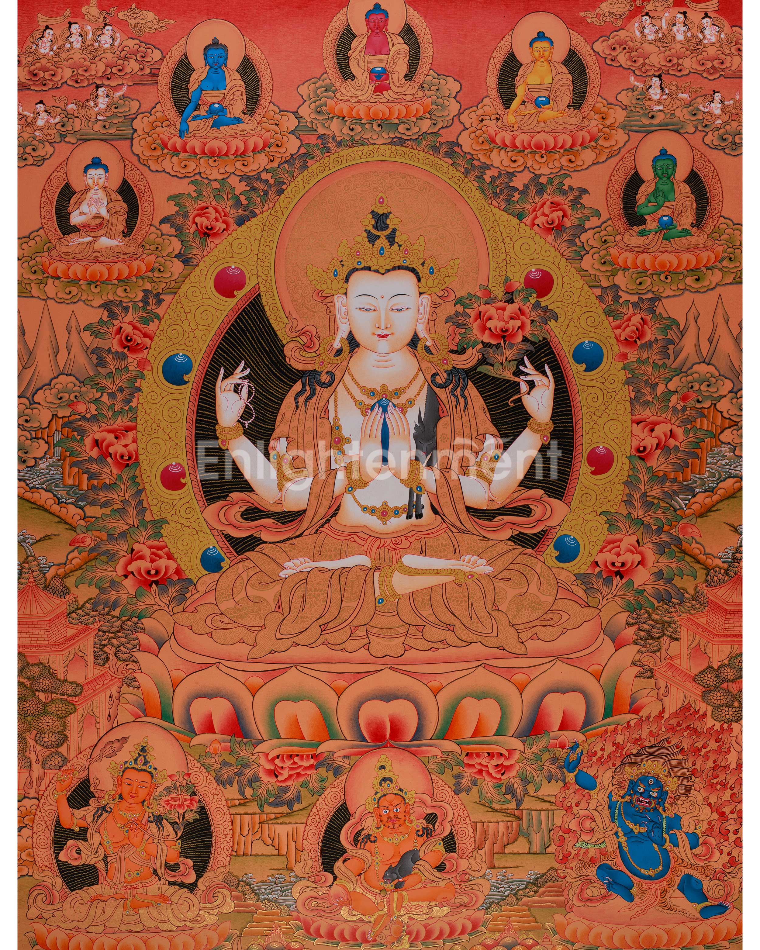 Chenrezig with Five Buddhas and Bodhisattvas | Radiant Compassion in Divine Assembly