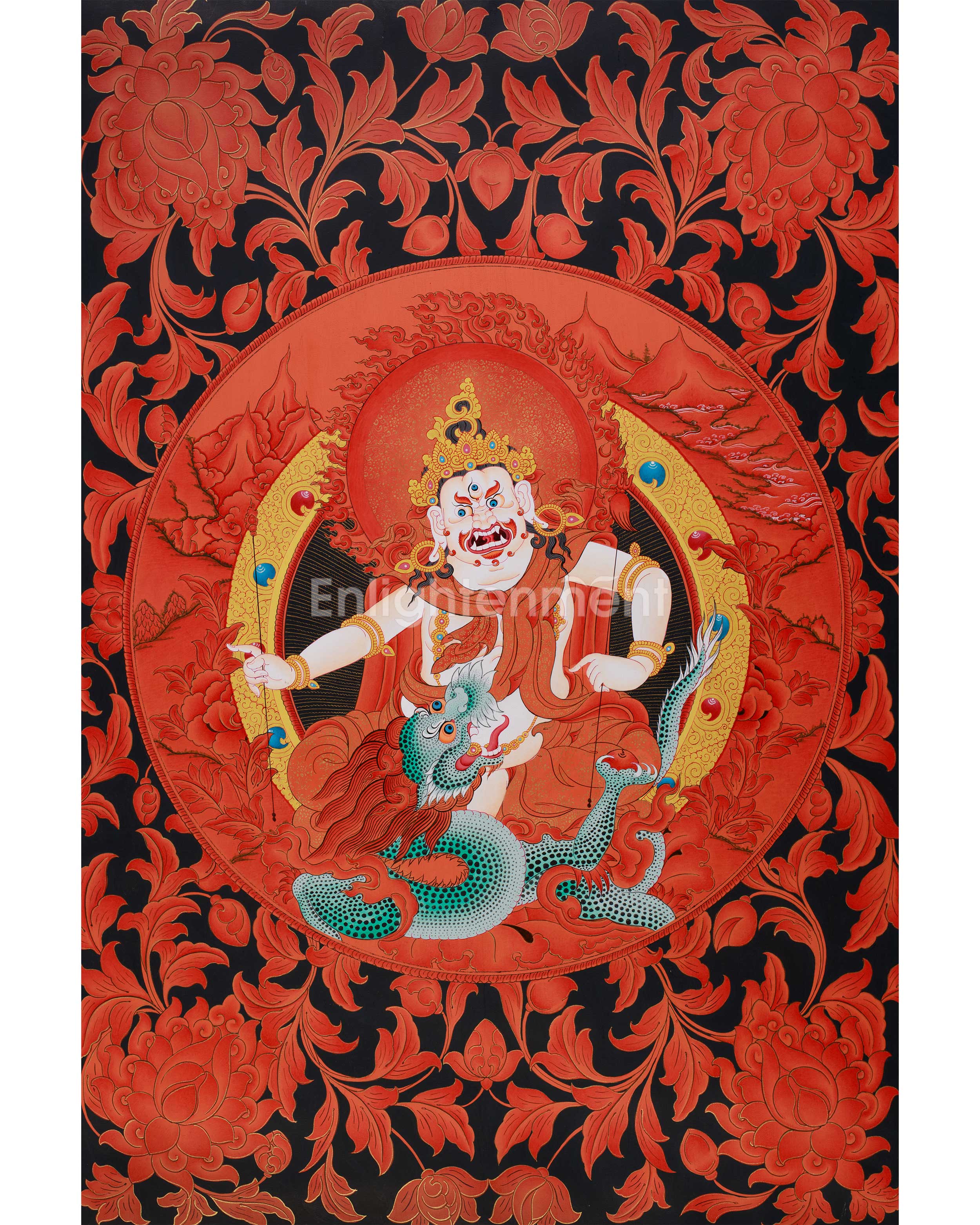 Large White Dzambhala Thangka on Black Canvas | Abundance and Spiritual Protection