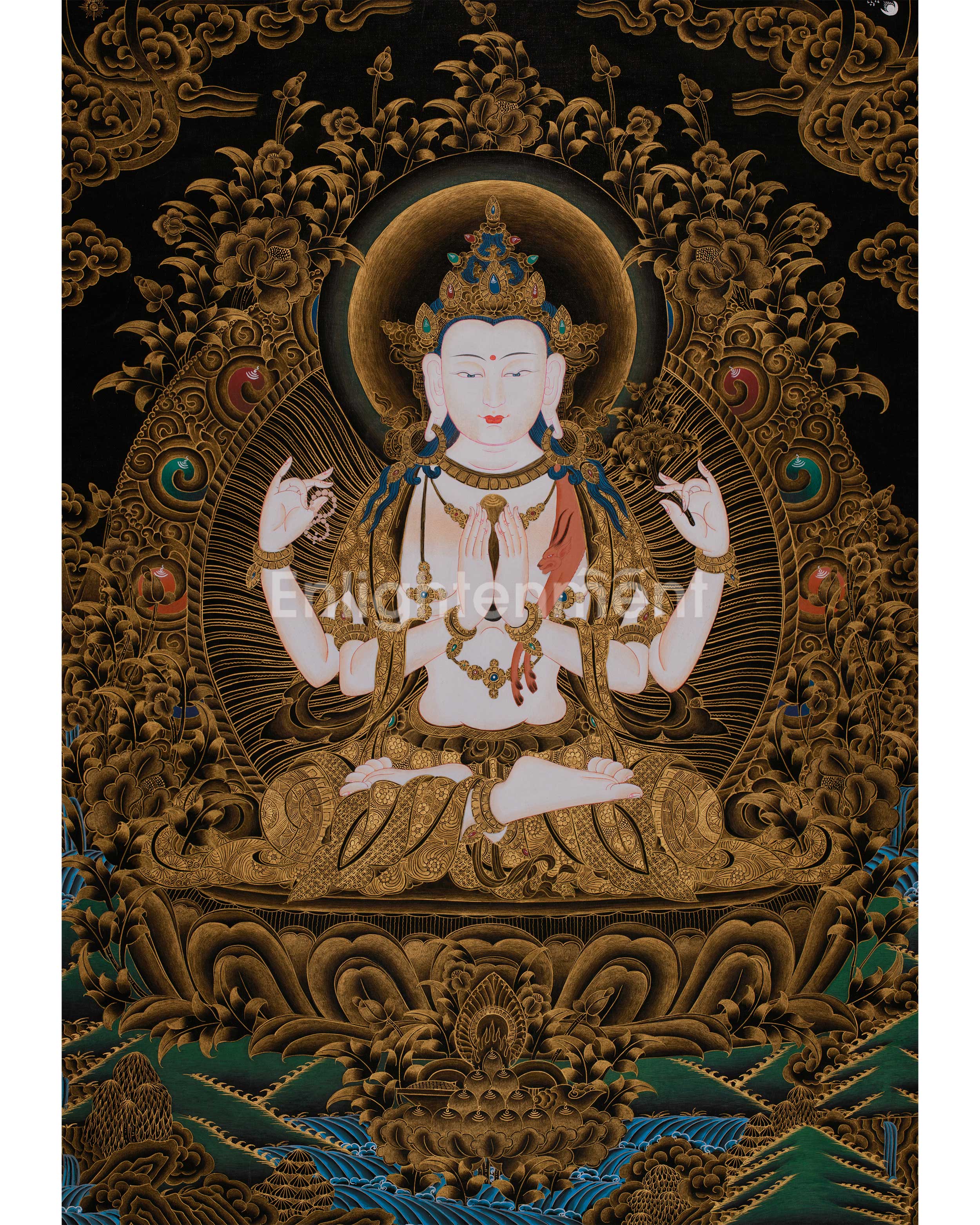 Large 30 Inches Chenrezig in Gold | Four-Armed Bodhisattva of Infinite Compassion