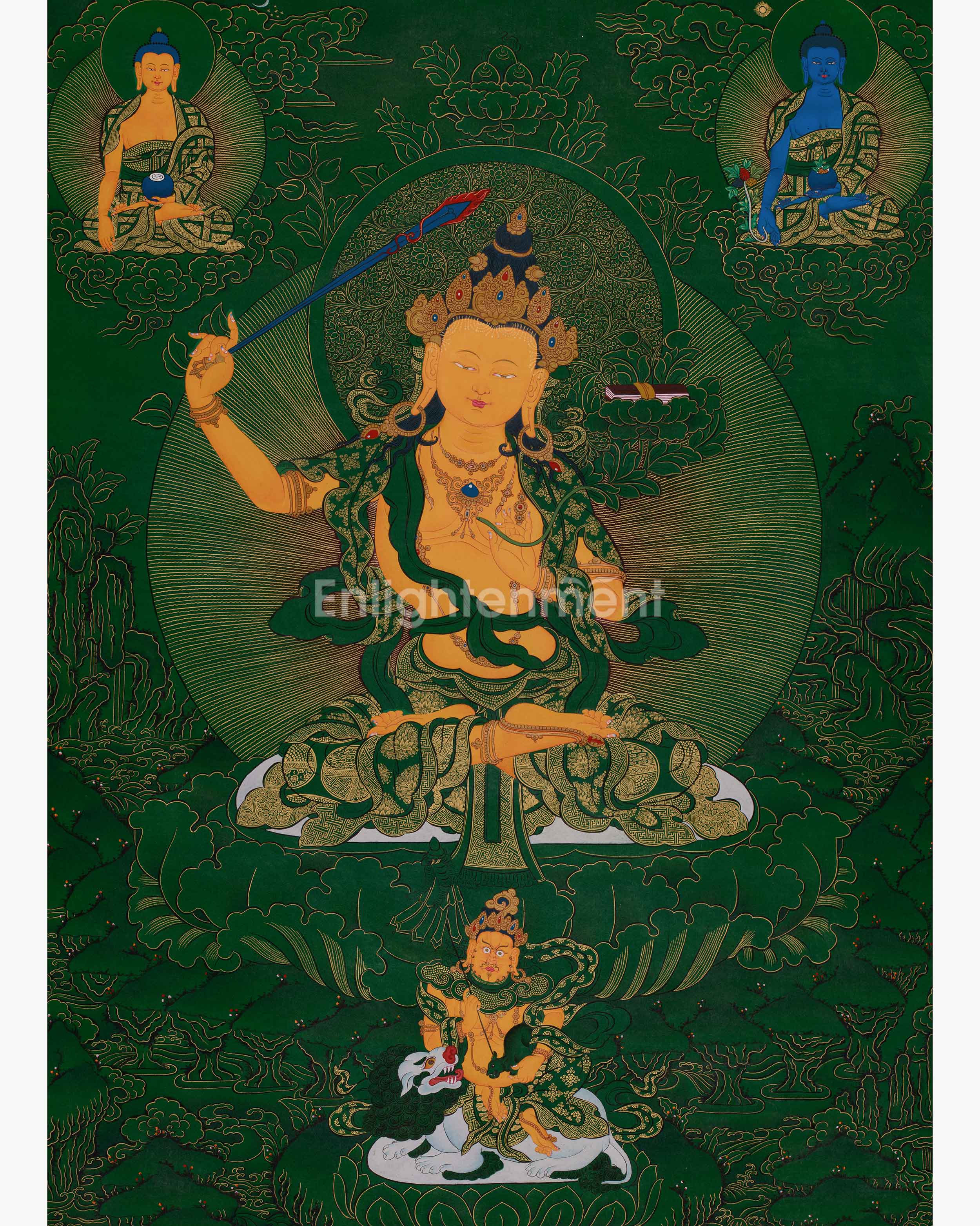 Tibetan Manjushri on Green Canvas | Wisdom Deity with Shakyamuni, Medicine Buddha, and Namtoshe