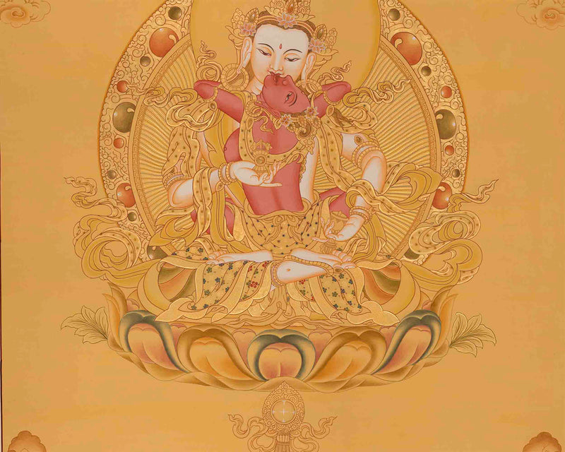 Full Gold Style Vajrasattva Shakti with Consort | Dorje Sempa and Yab Yum Tibetan Wall Hanging