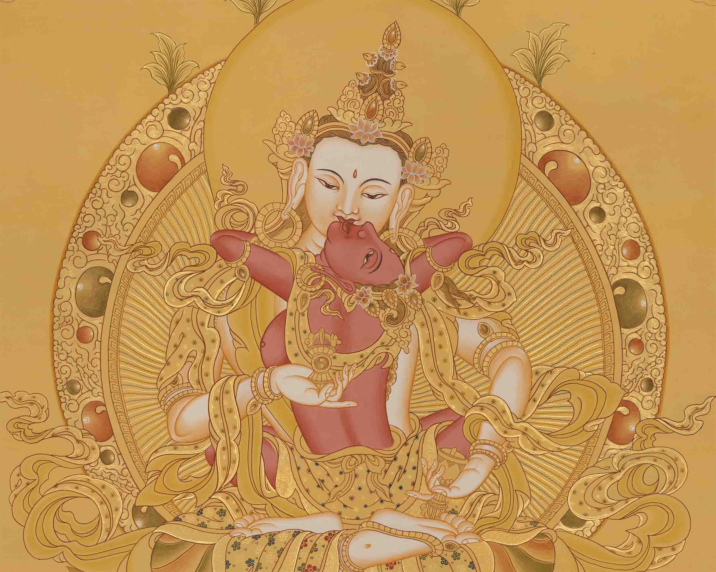 Full Gold Style Vajrasattva Shakti with Consort | Dorje Sempa and Yab Yum Tibetan Wall Hanging