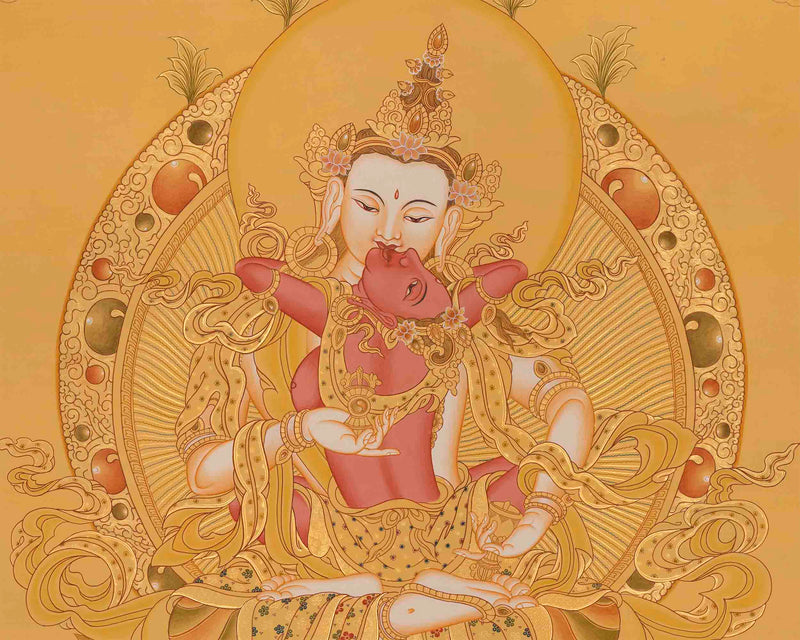 Full Gold Style Vajrasattva Shakti with Consort | Dorje Sempa and Yab Yum Tibetan Wall Hanging