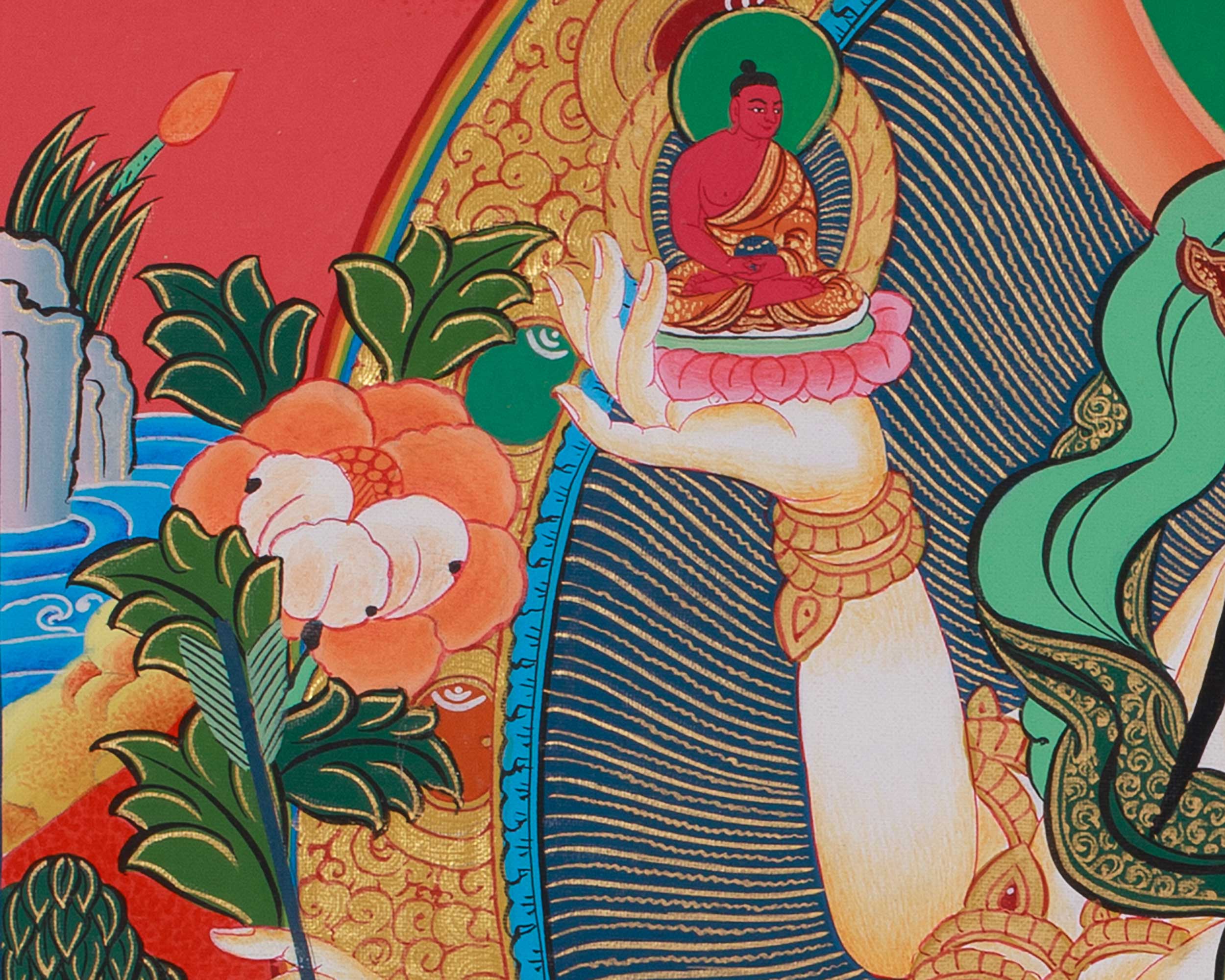 Namgyalma with Five Dhyani Buddhas White Tara and Amitayus | A Sacred Thangka of Longevity and Purification