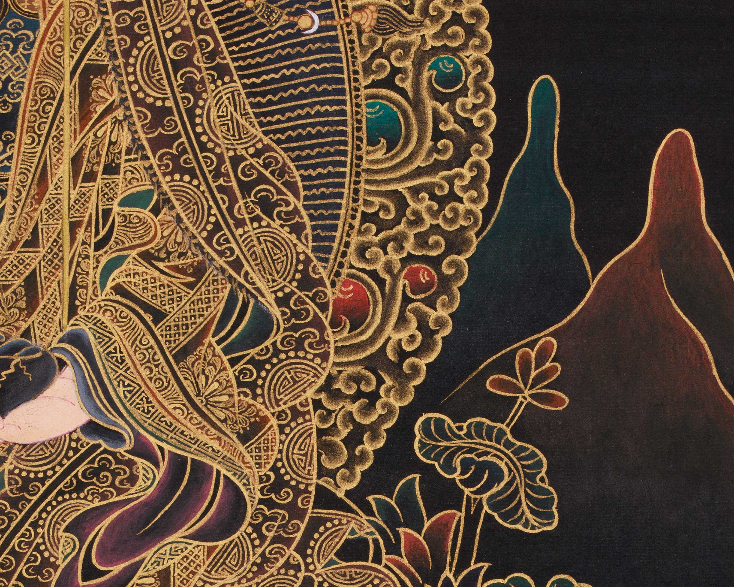 Black and Gold Thangka of Guru Rinpoche | Tantric Master of Vajrayana Buddh