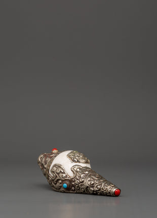 Silver Plated Conch Shell with Turquoise & Coral Inlays | Spiritual Home Decor