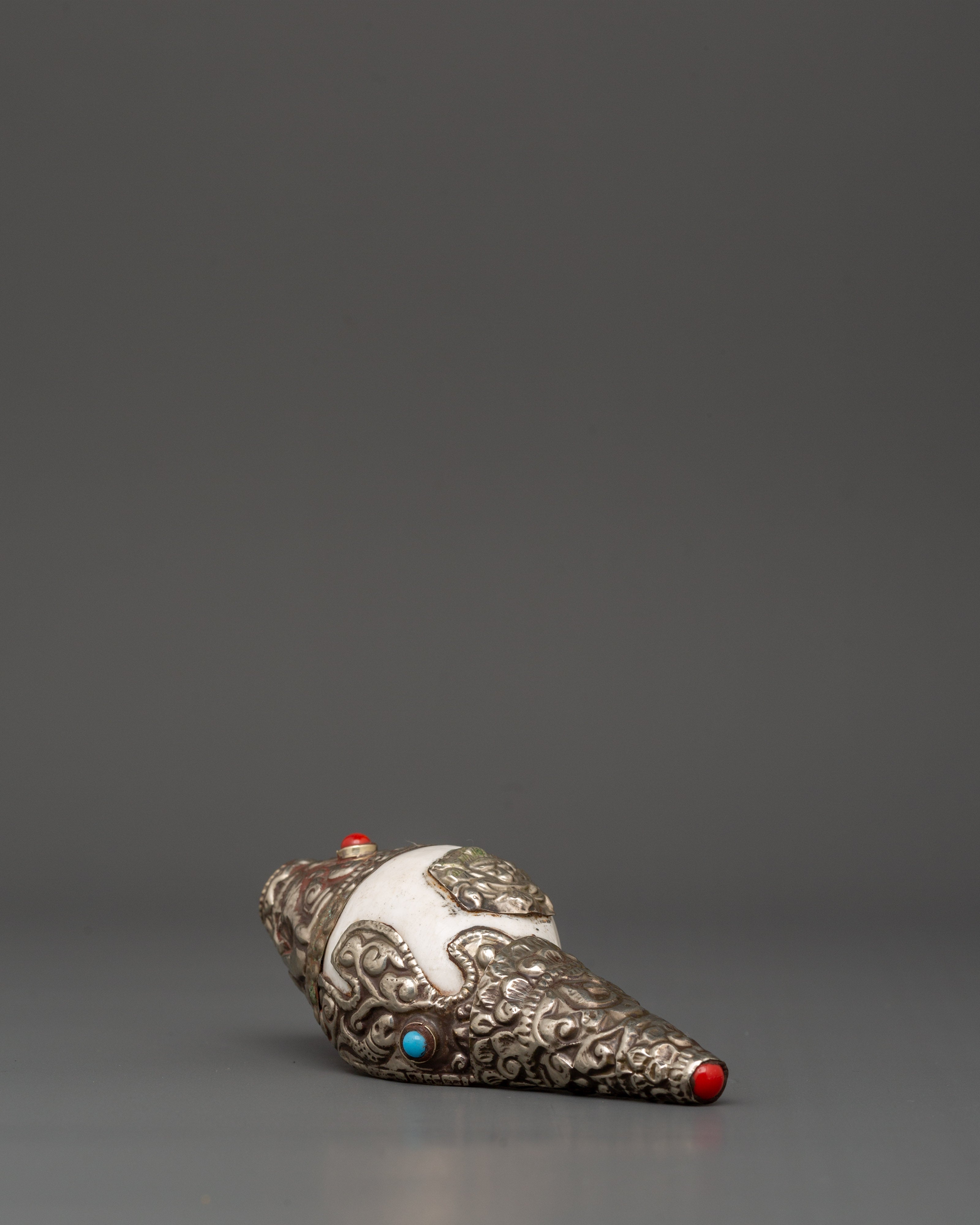 Silver Plated Conch Shell with Turquoise & Coral Inlays | Spiritual Home Decor