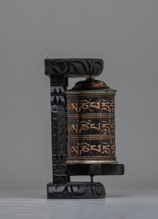 Handcrafted Tabletop Tibetan Prayer Wheel | Copper Body & Wooden Frame