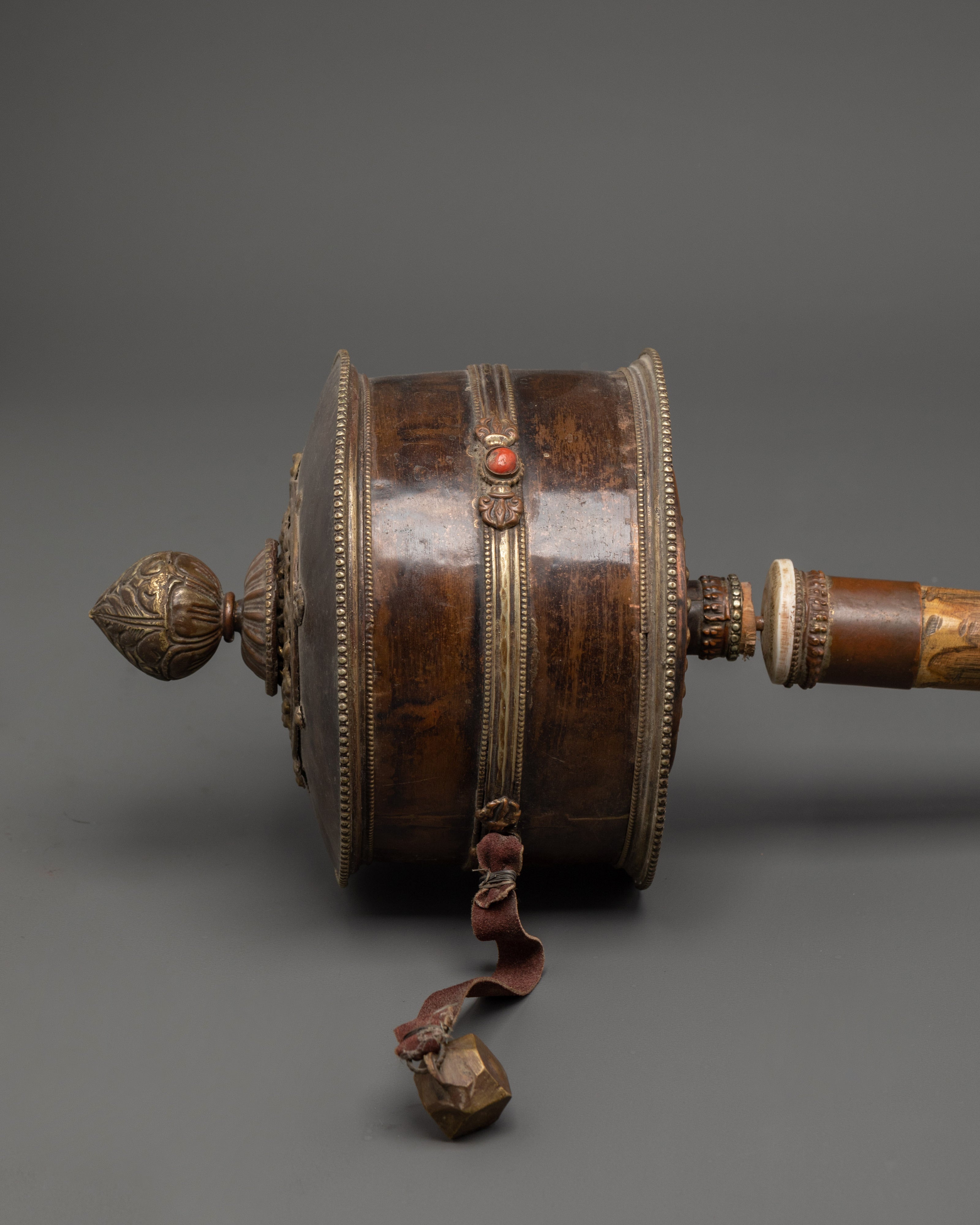Tibetan Buddhist Oxidized Prayer Wheel | Oxidized Copper & Wooden Mantra Spinner