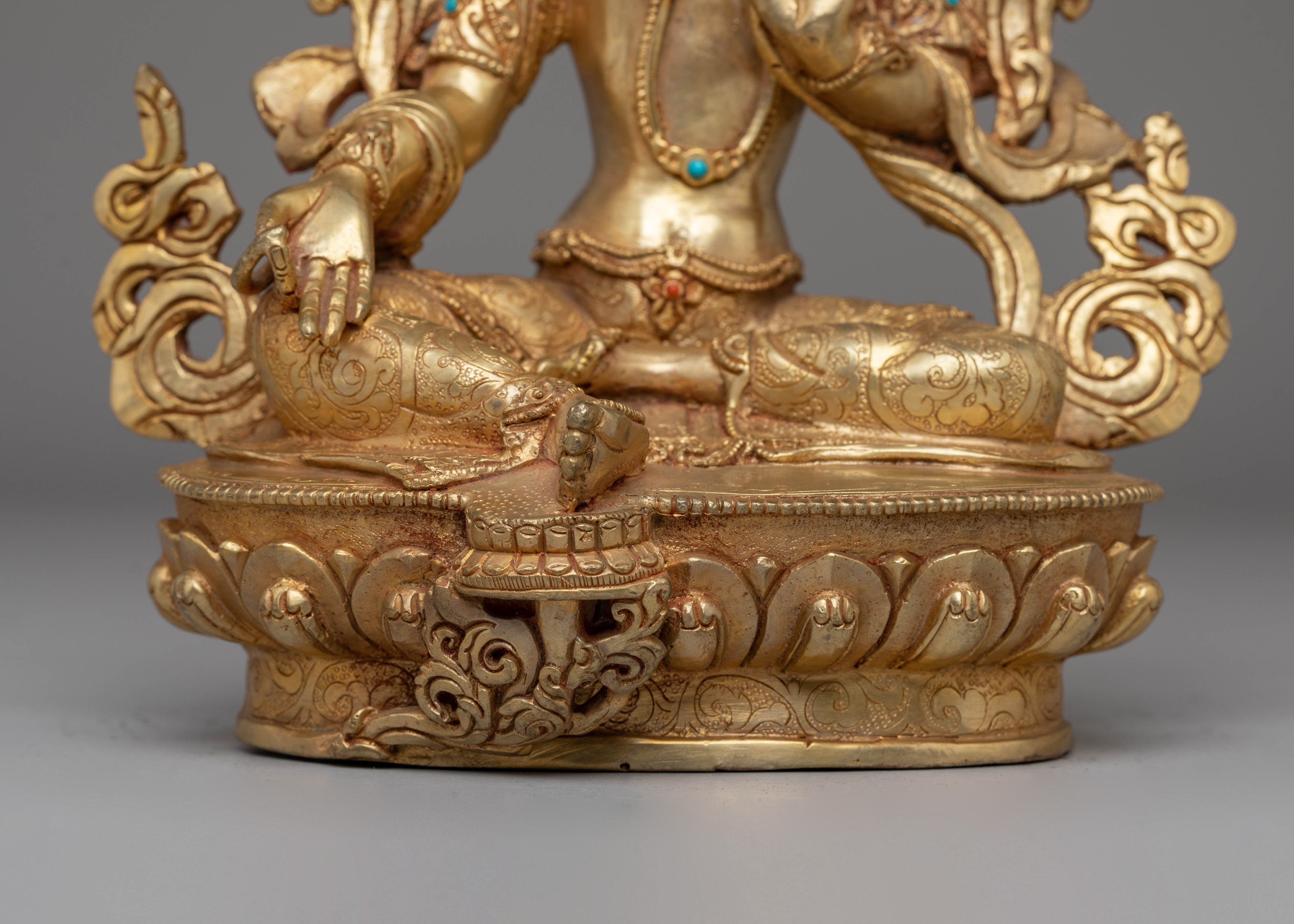 Handcrafted Green Tara Copper Statue with Spiritual Motifs