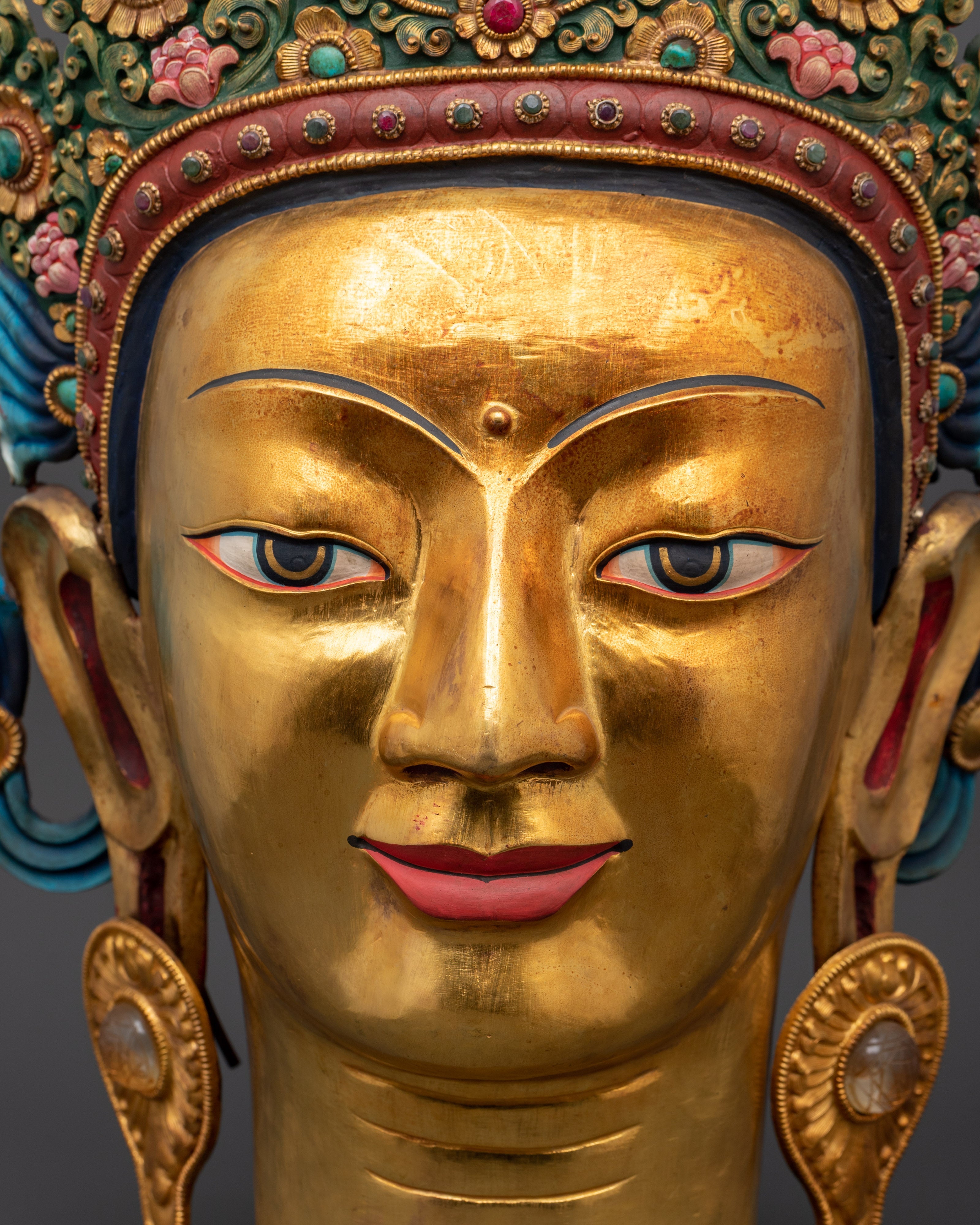 Gold-Plated Crowned Buddha Head | Himalayan Altar Decor