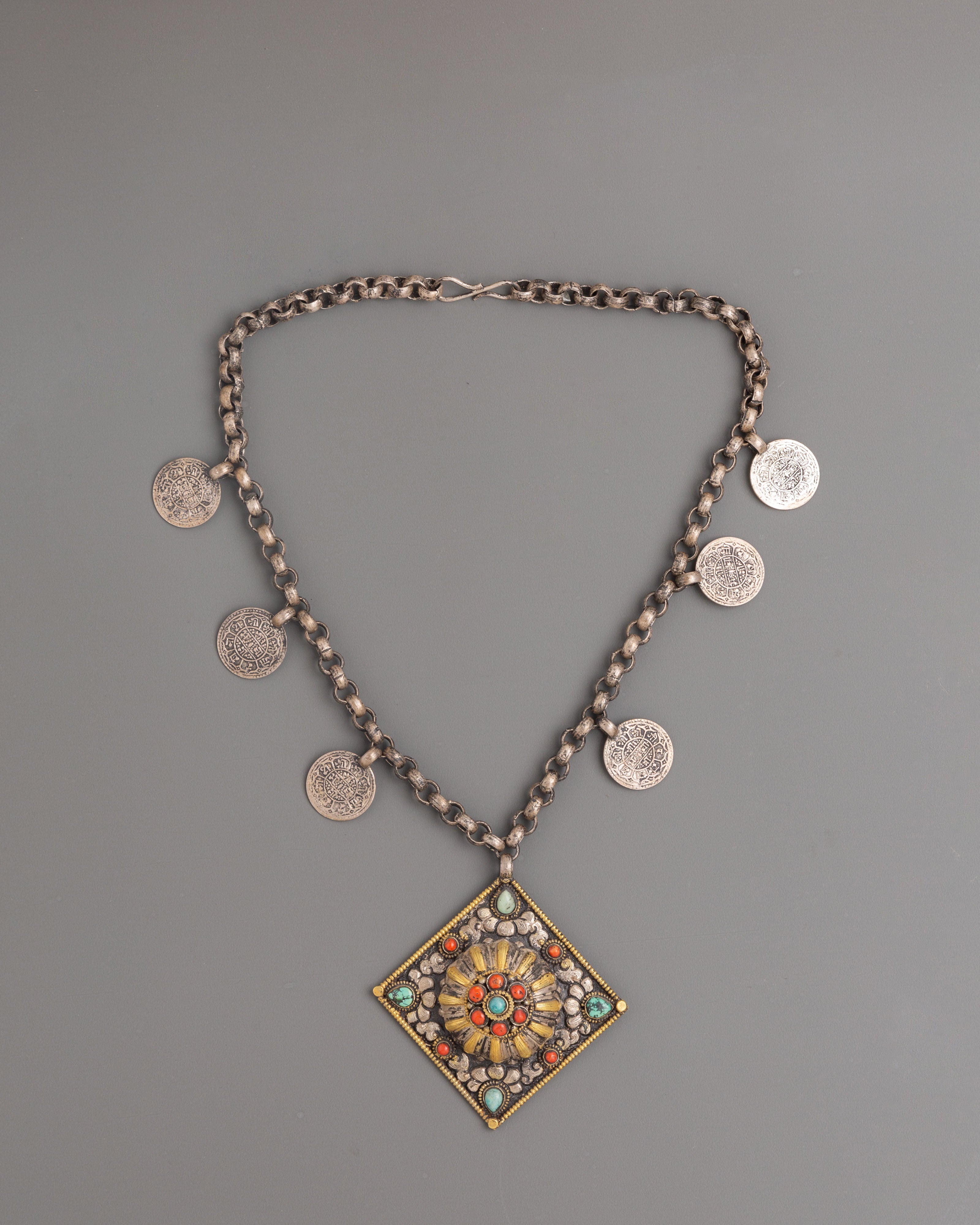 Handmade Silver Locket with Intricate Design | Coral Turquoise Buddhist Amulet