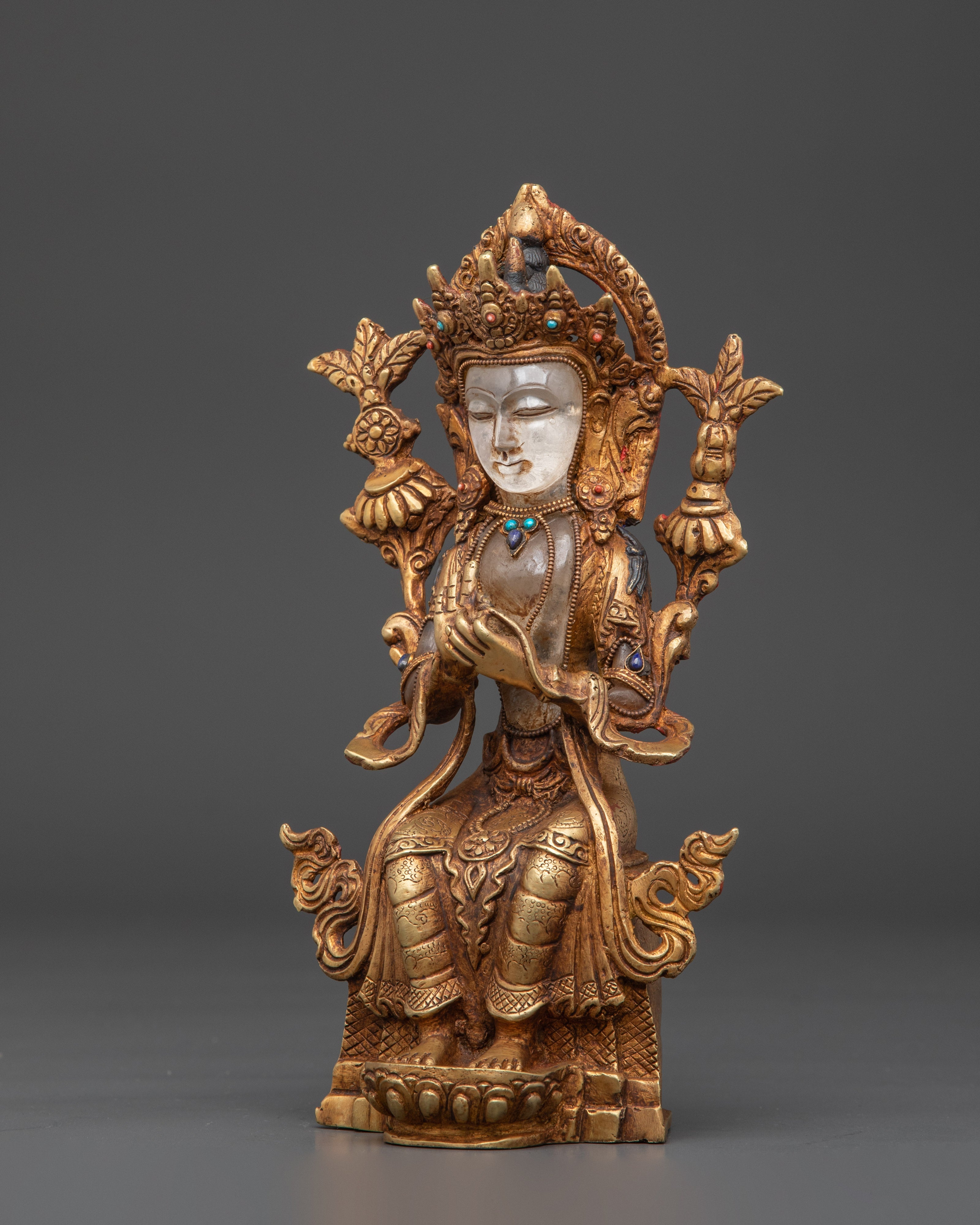 Future Buddha Maitreya Statue | Gold Plated Copper Sculpture with Crystal & Turquoise