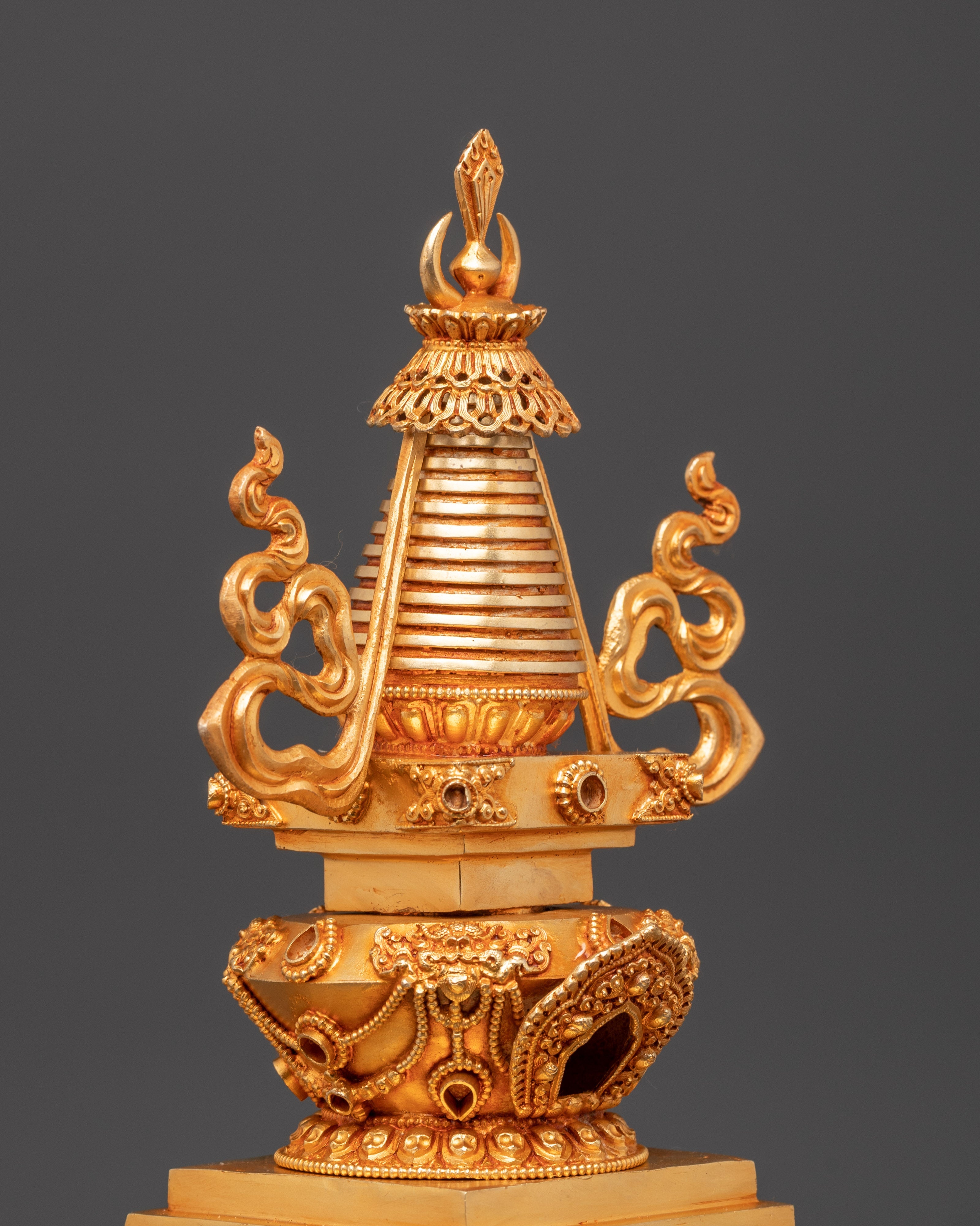 Handcrafted Sacred Traditional Buddhist Stupa | Gold Electroplated Copper Statue