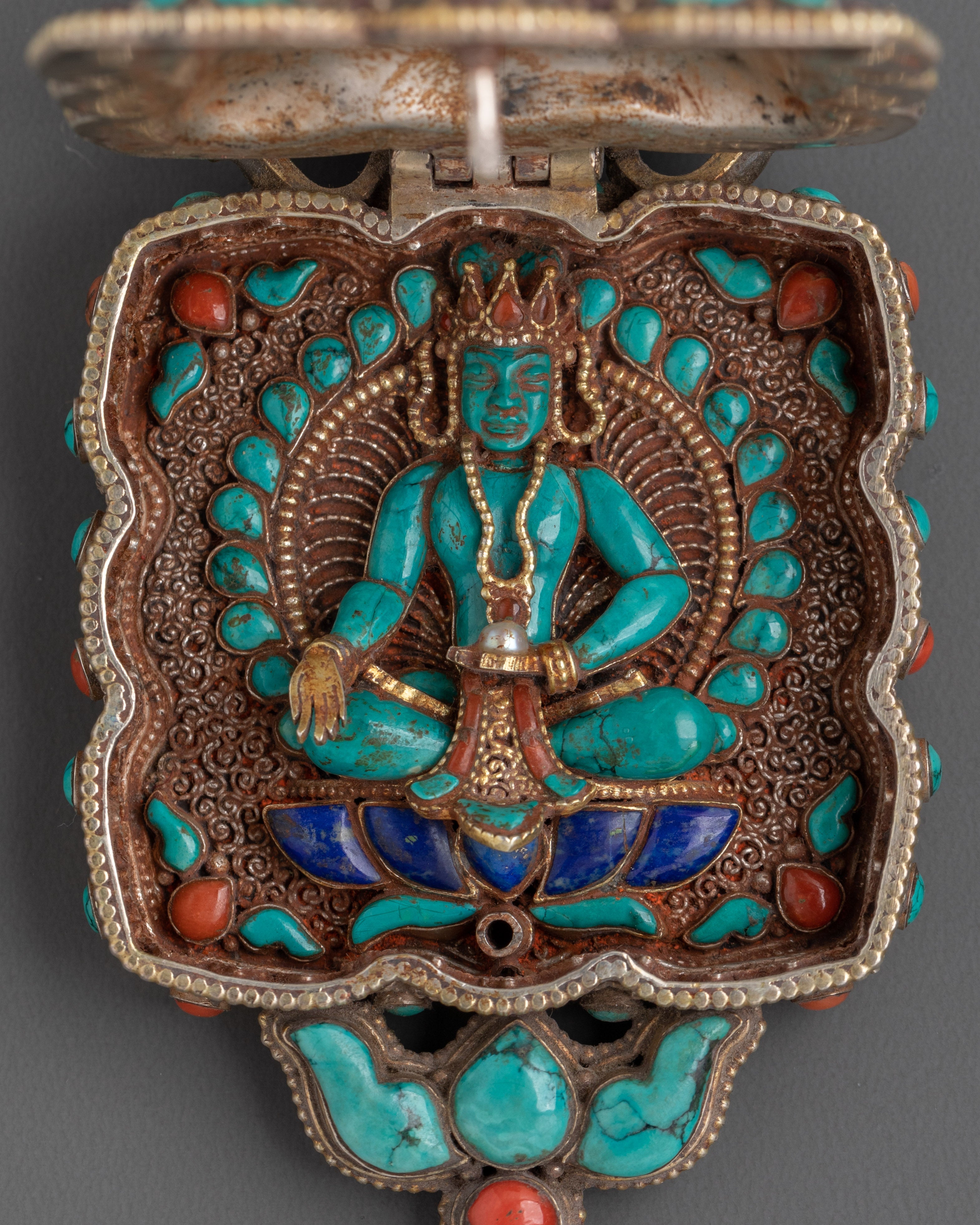 Spiritual Ghau Locket | Handcrafted Silver Pendant with Coral, Turquoise