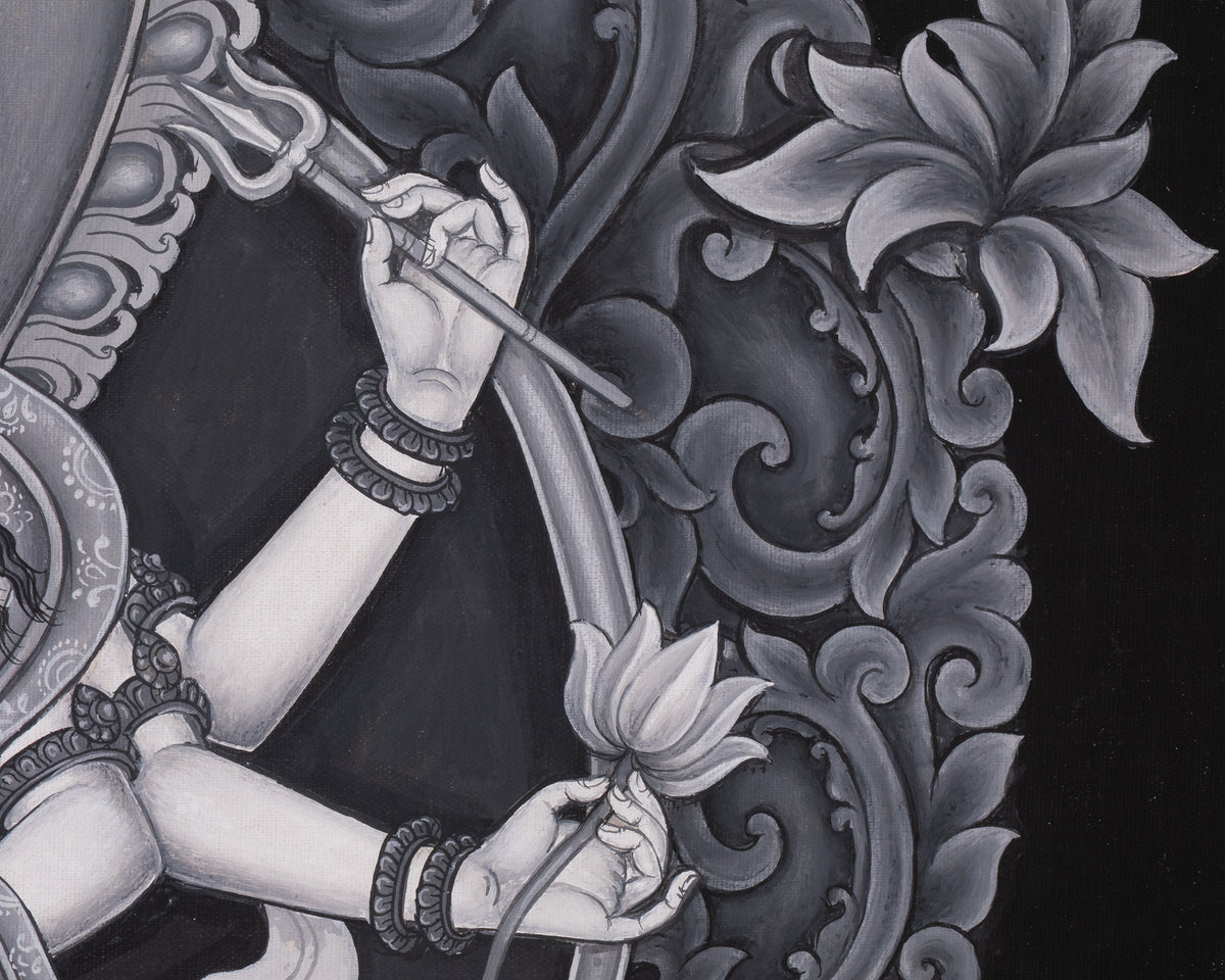 Black and White Bodhisattva Chenrezig Thangka | Avalokiteshvara Art | Compassion Deity