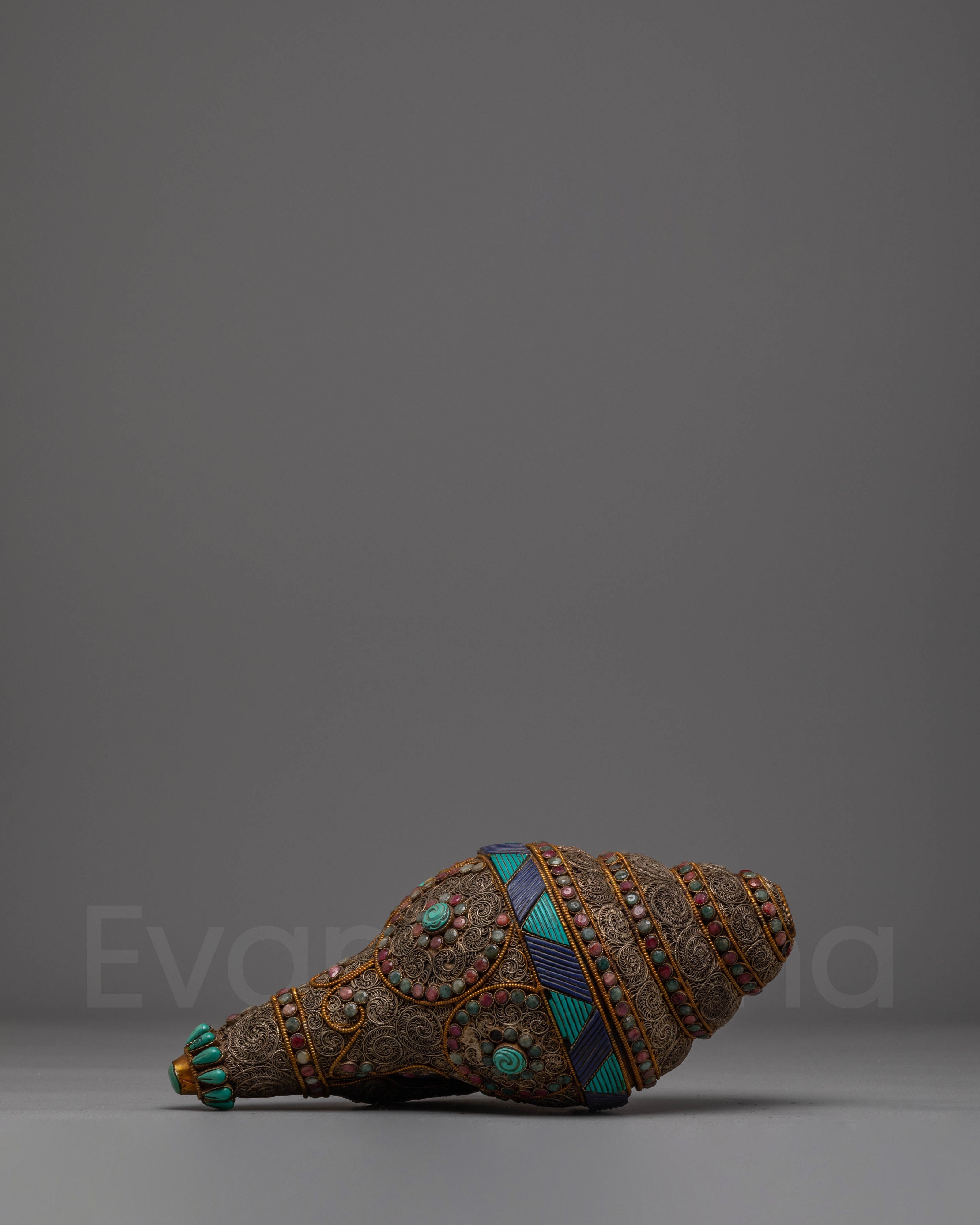 Tibetan Conch Shell with Semi Precious Stones for Puja and Meditation