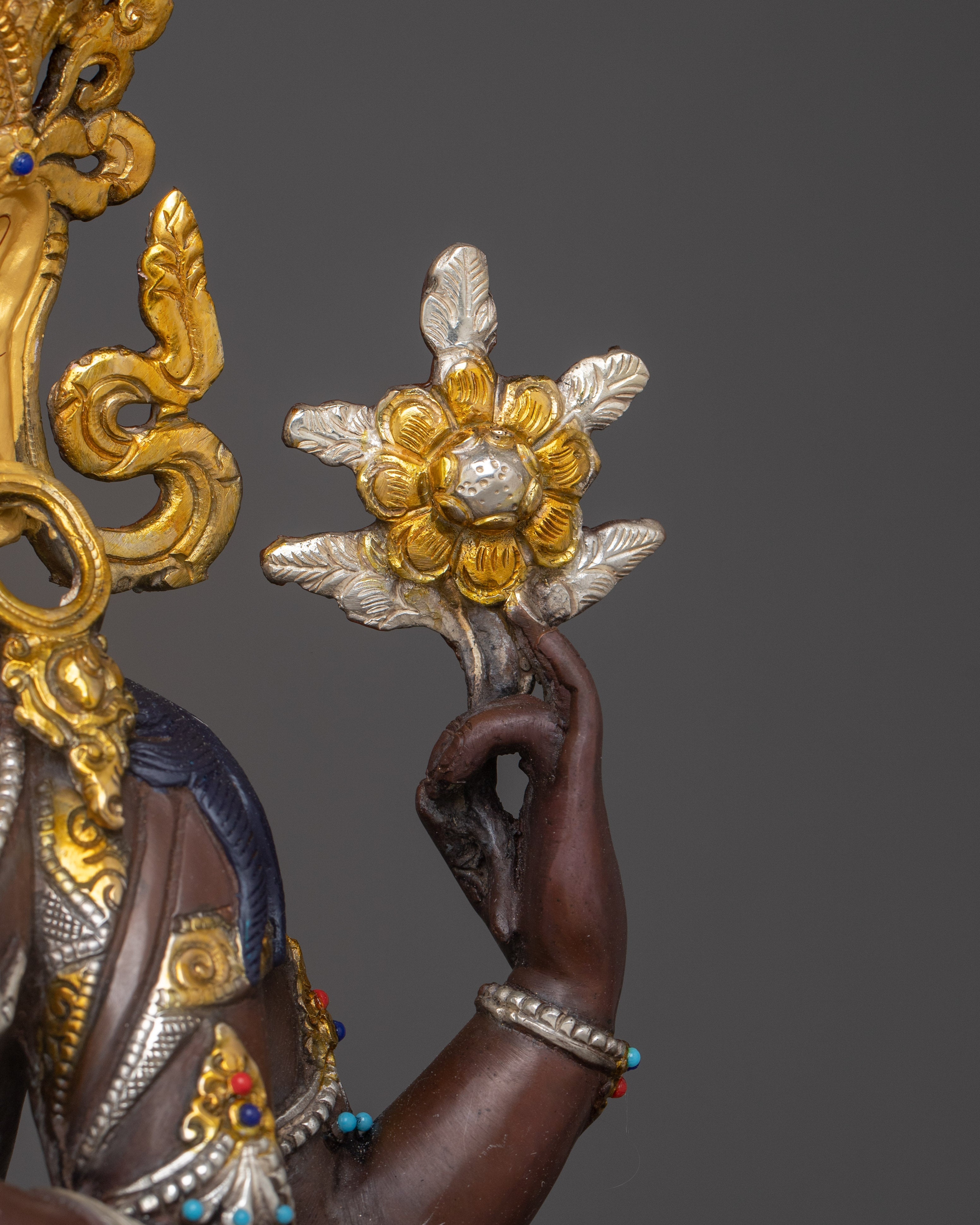 Handcrafted Four-Armed Chenrezig Statue | Oxidized Copper & Gold Plated Figurine