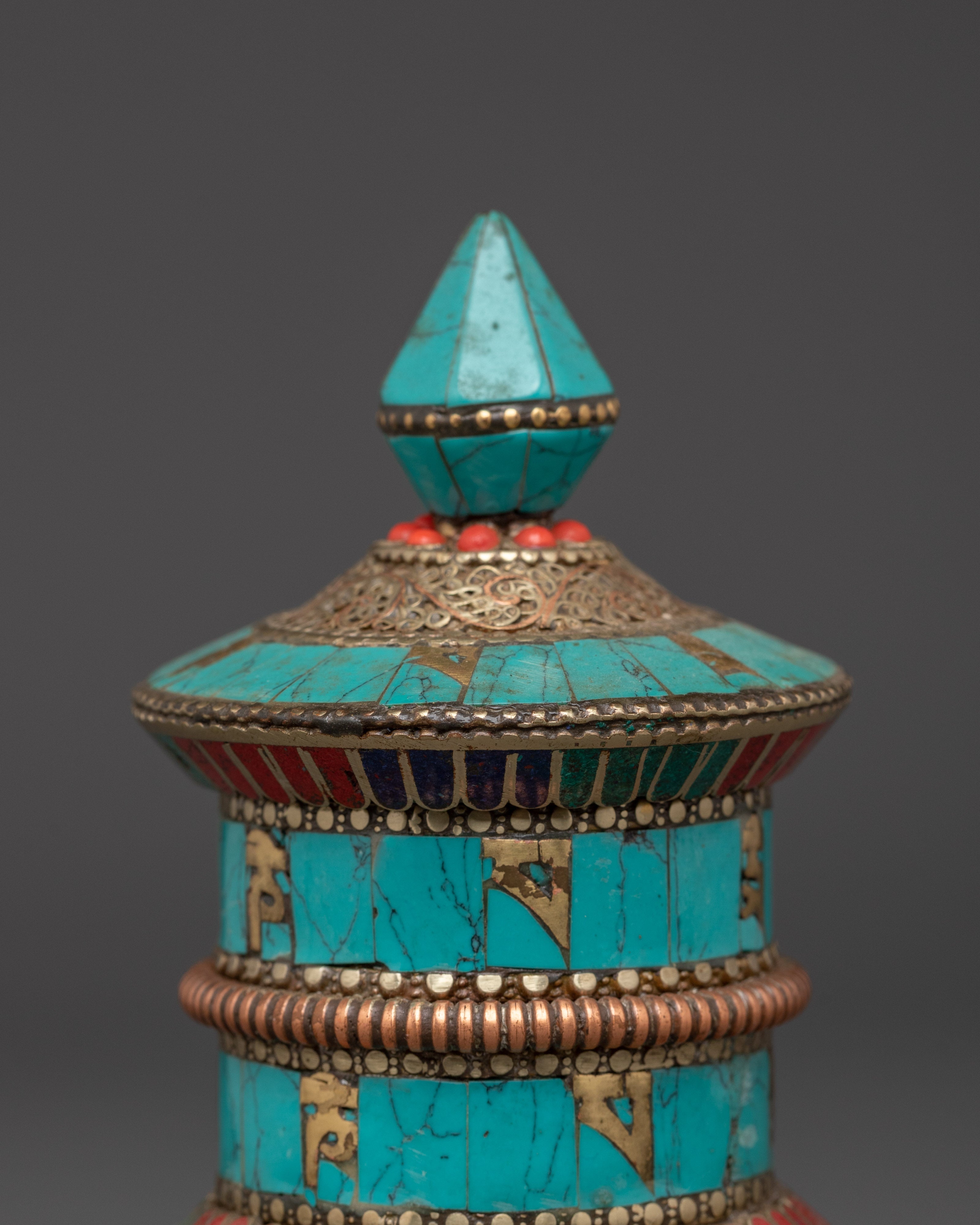 Handmade Turquoise Stone Mantra Prayer Wheel | Brass Coral Buddhist Wheel