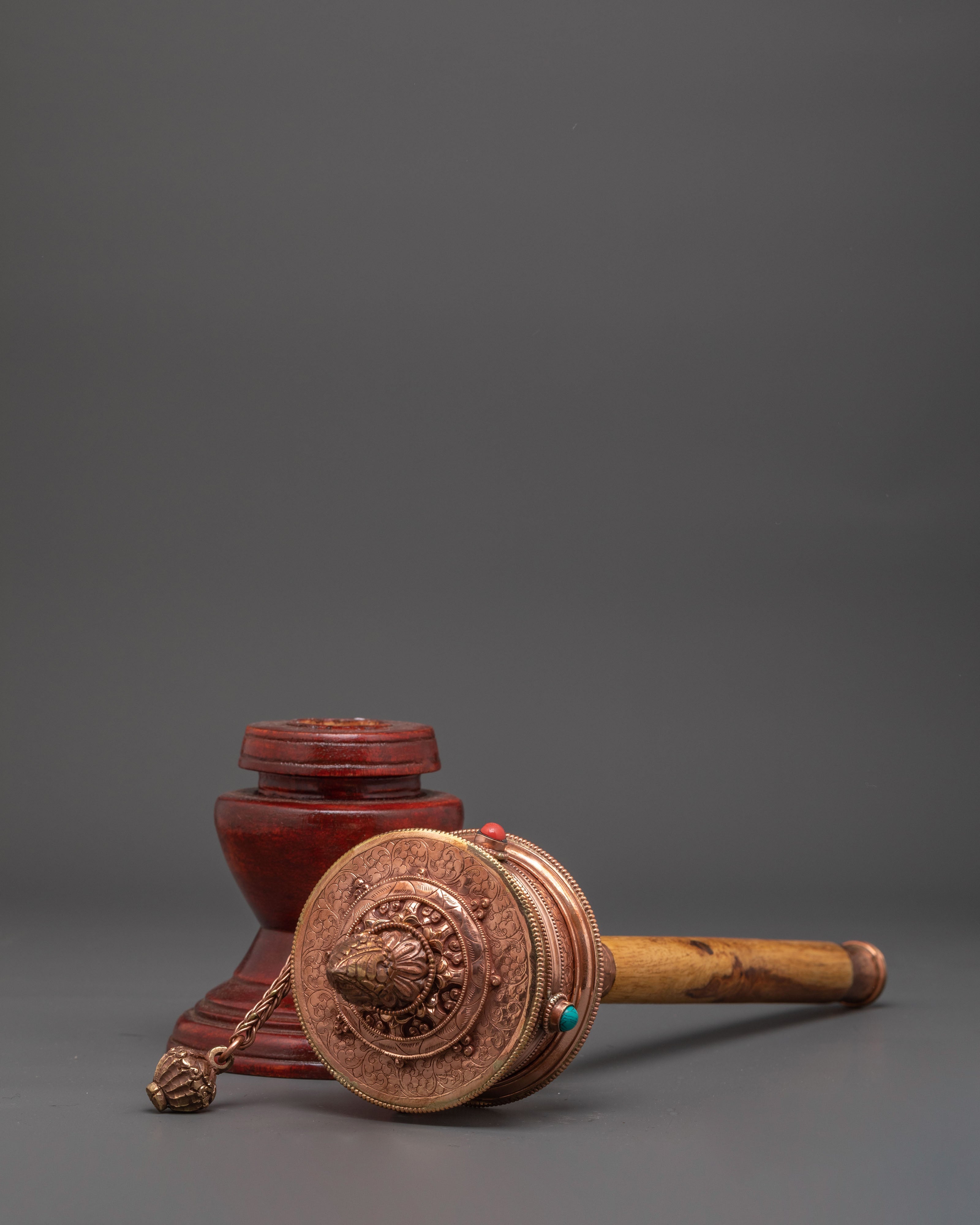 Tibetan Traditional Prayer Wheel with Turquoise & Coral Inlays