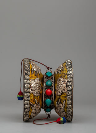 Ritual Drum with White Metal, Coral & Turquoise | Buddhist damaru