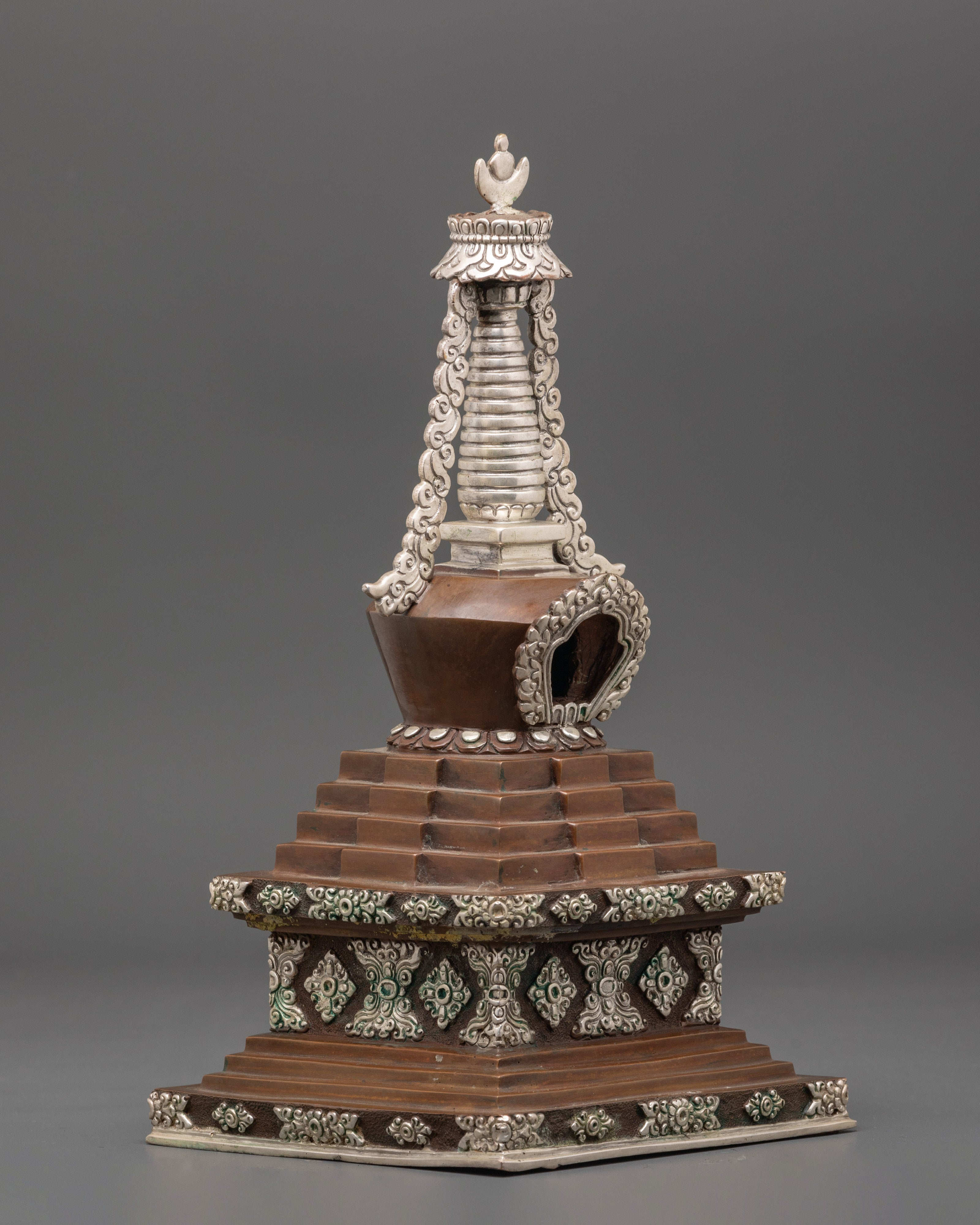 Handcrafted Himalayan Stupa Figurine | Silver Plated Buddhist Altar