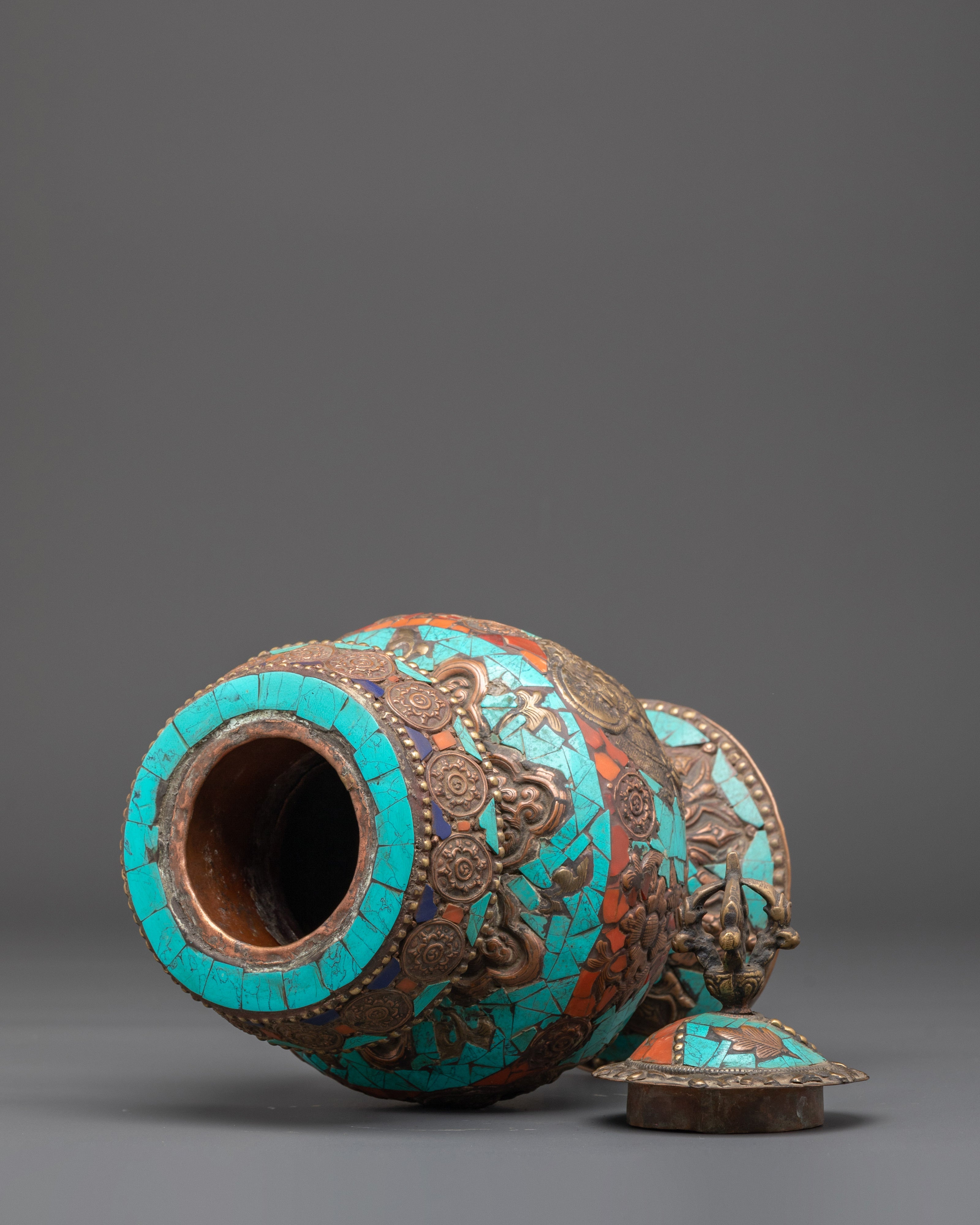 Copper Rice Pot with Turquoise and Coral Inlay | Symbol of Abundance and Prosperity