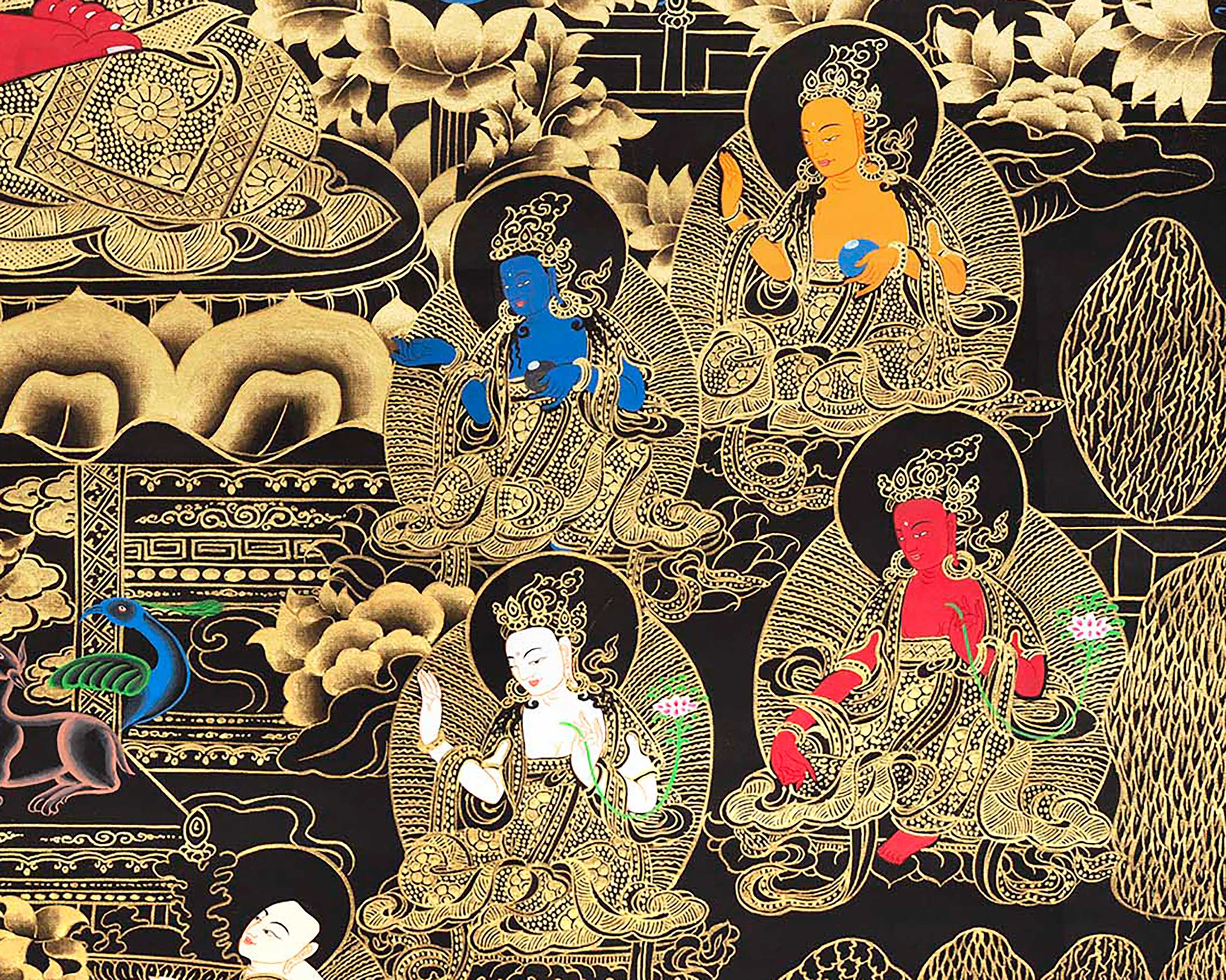Black and Gold Amitabha Buddha Thangka | Sukhavati Thangka | Meditation Buddha