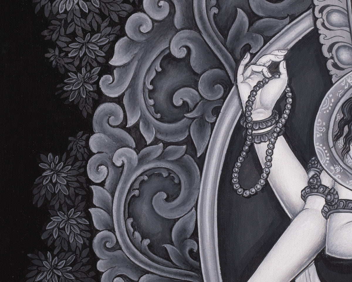 Black and White Bodhisattva Chenrezig Thangka | Avalokiteshvara Art | Compassion Deity
