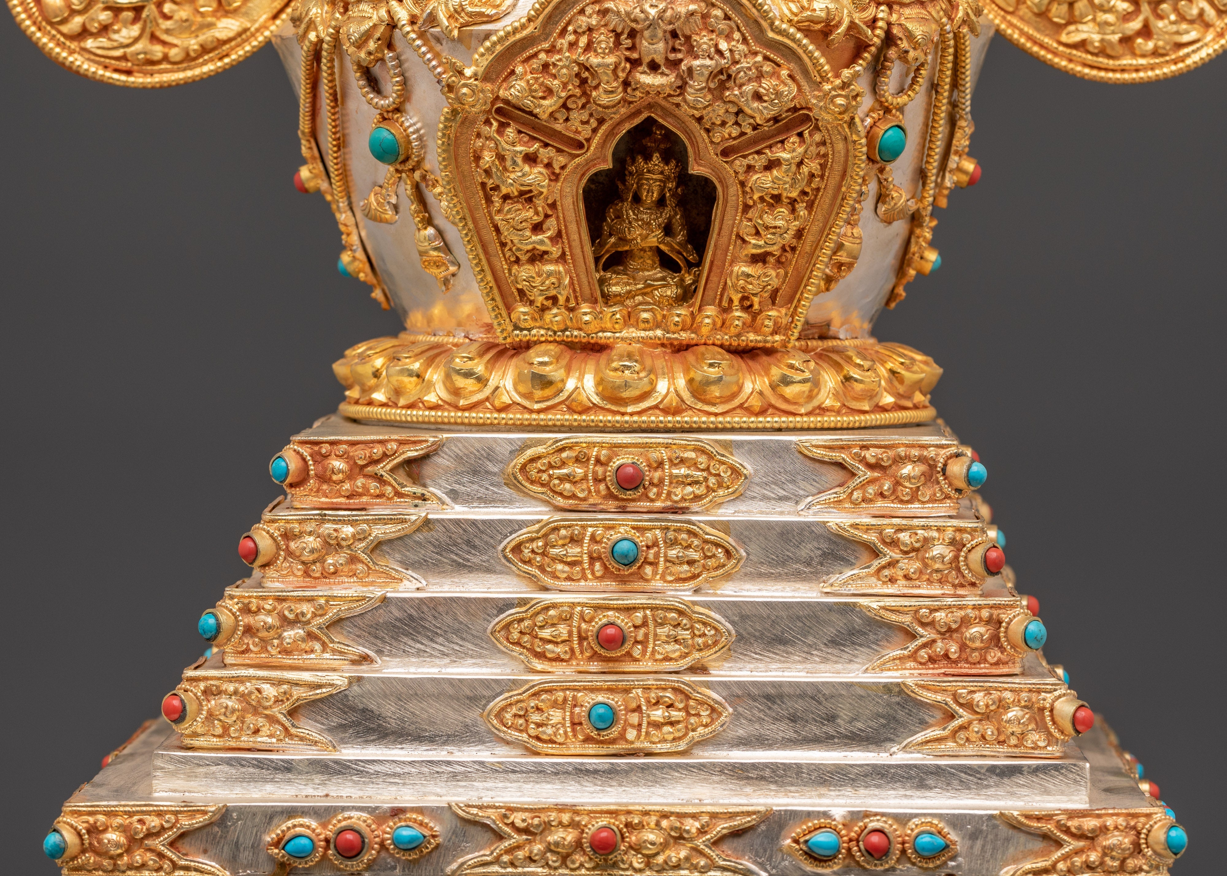Gold Plated Buddhist Shrine Stupa | Sacred Spiritual Monument for Meditation