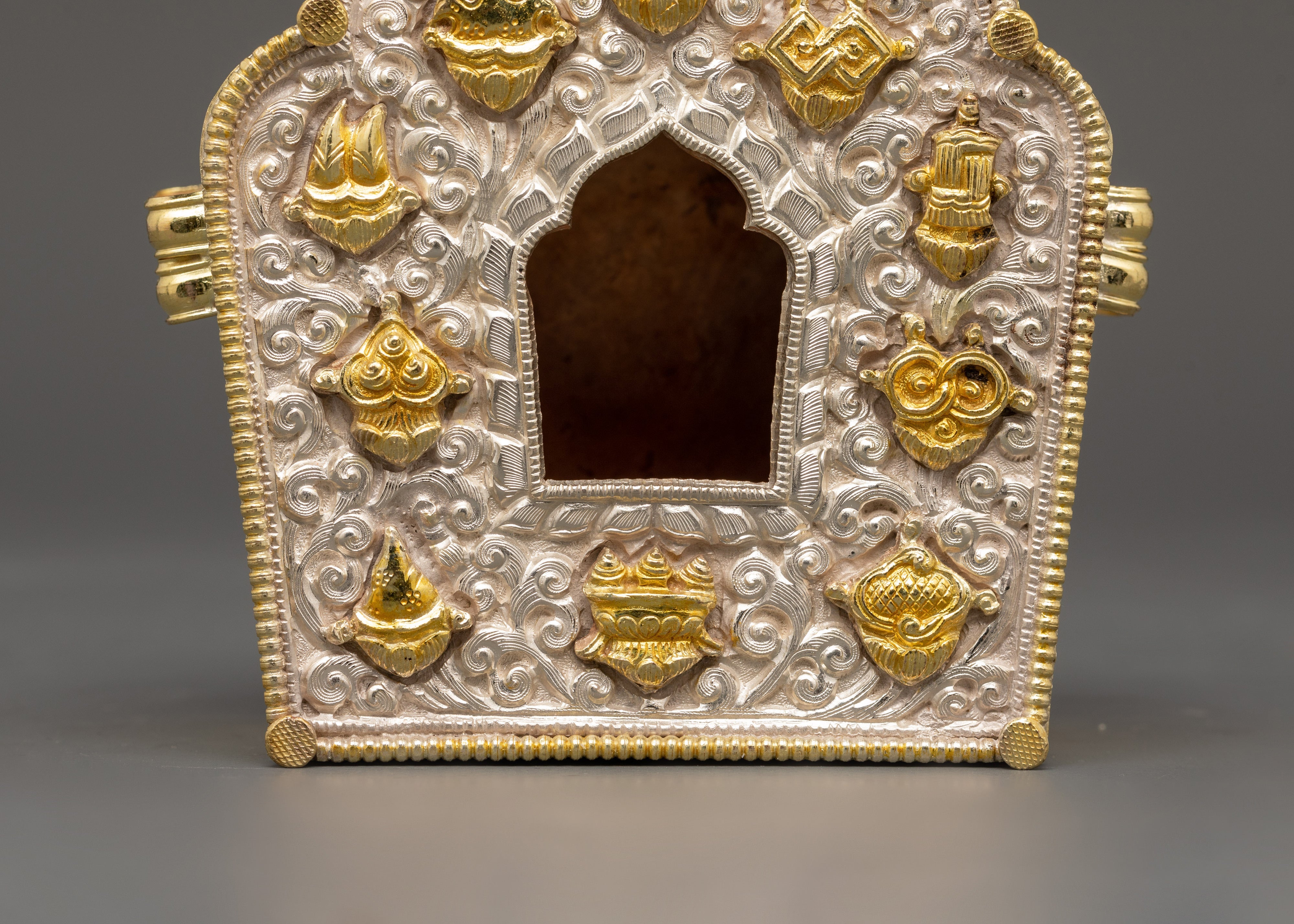 Sterling Silver Ghau Prayer Box with Gold Plating | Auspicious Symbols Carved