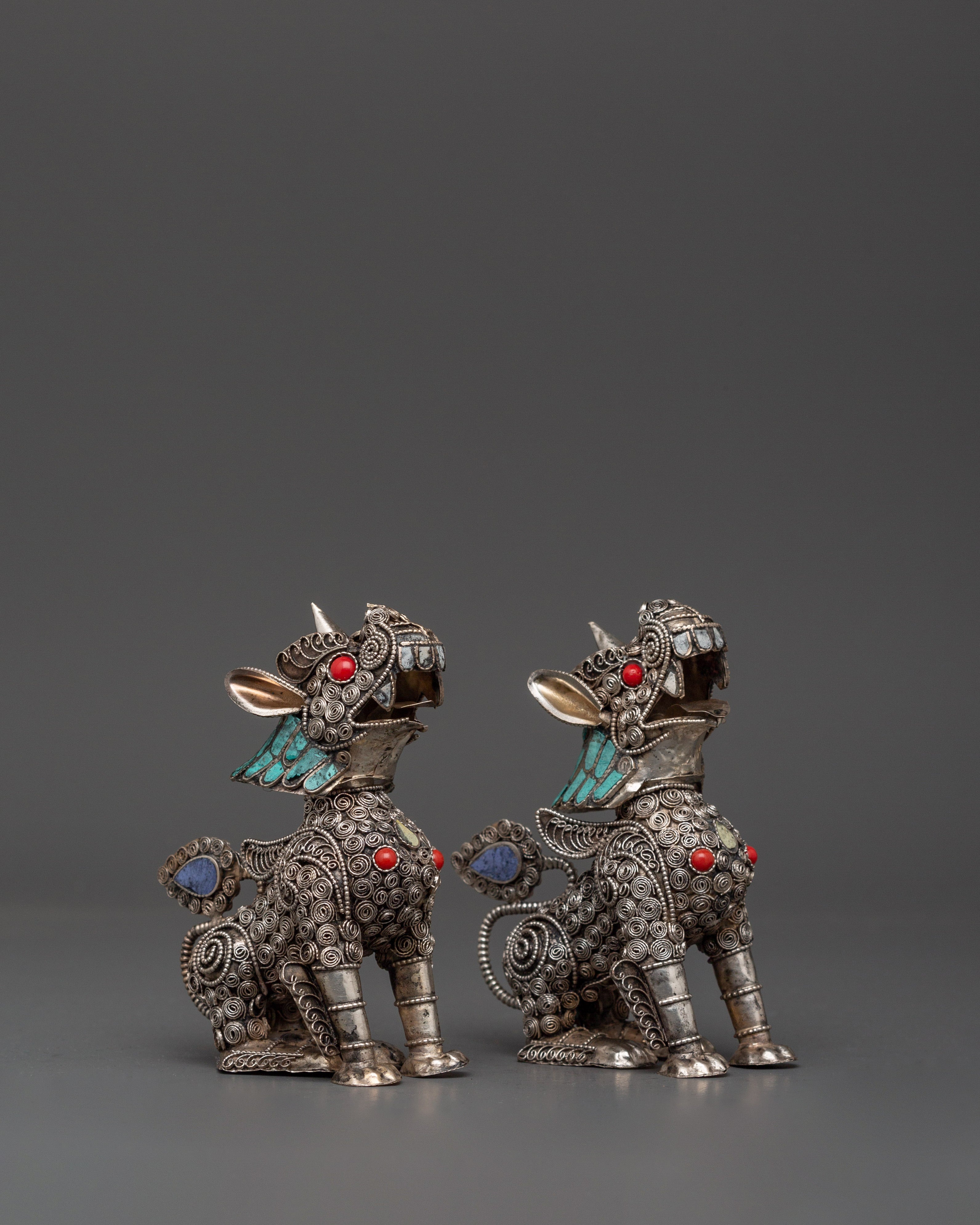 White Metal Guardian Lion Statue Set | With Coral, Turquoise & Lapis Lazuli Stones