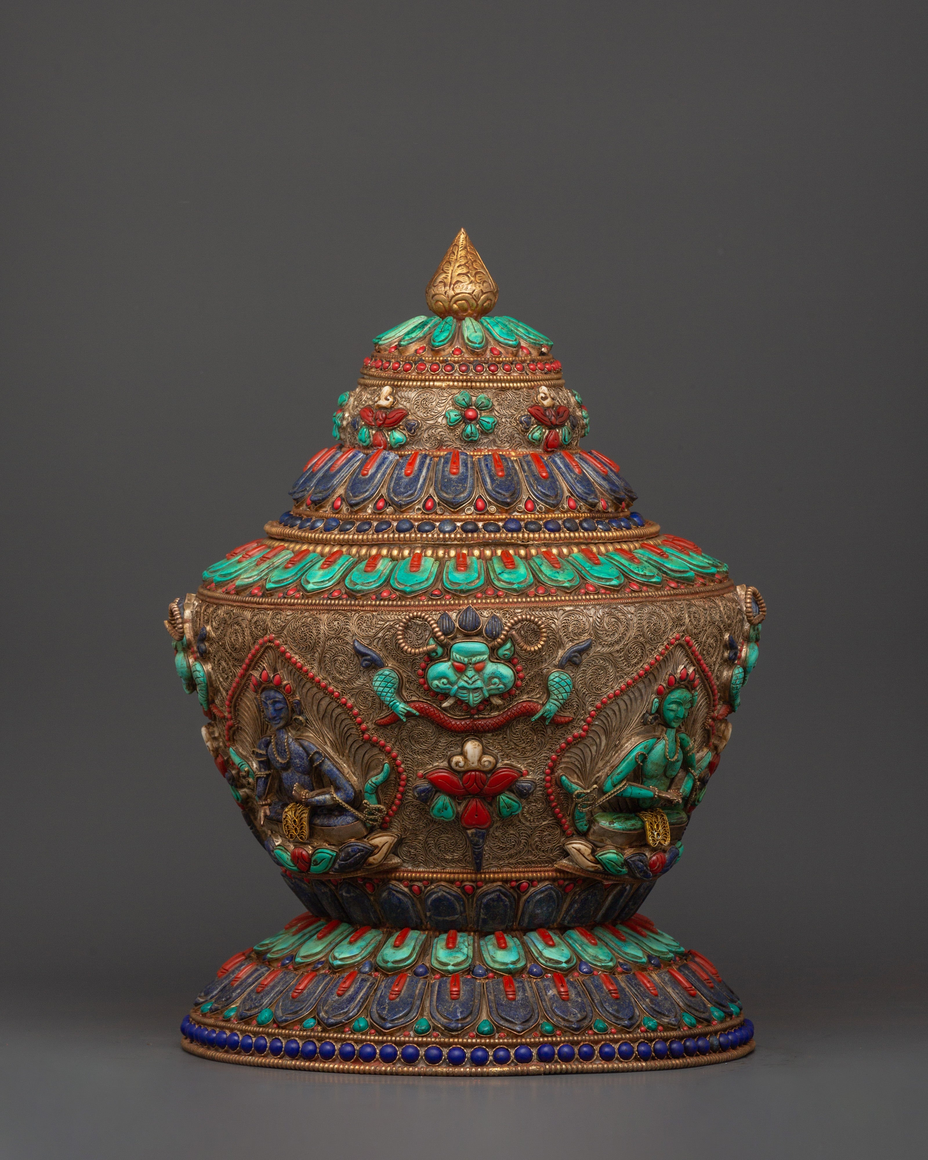 Tibetan Ritual Rice Pot with Coral | Buddhist Ritual and Altar Use
