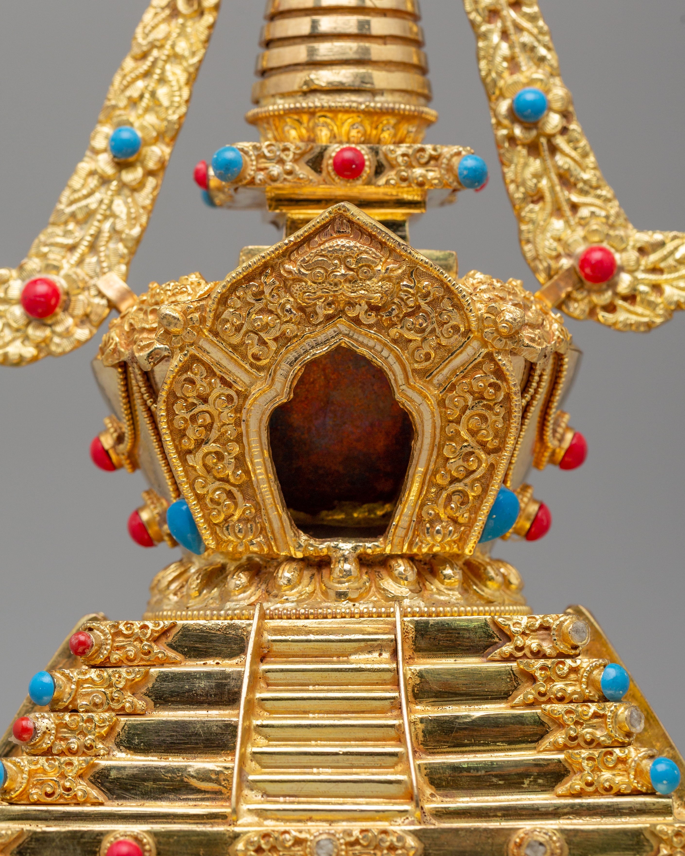 Traditional Descent From Heaven Stupa | 22K Gold Copper Tibetan Stupa