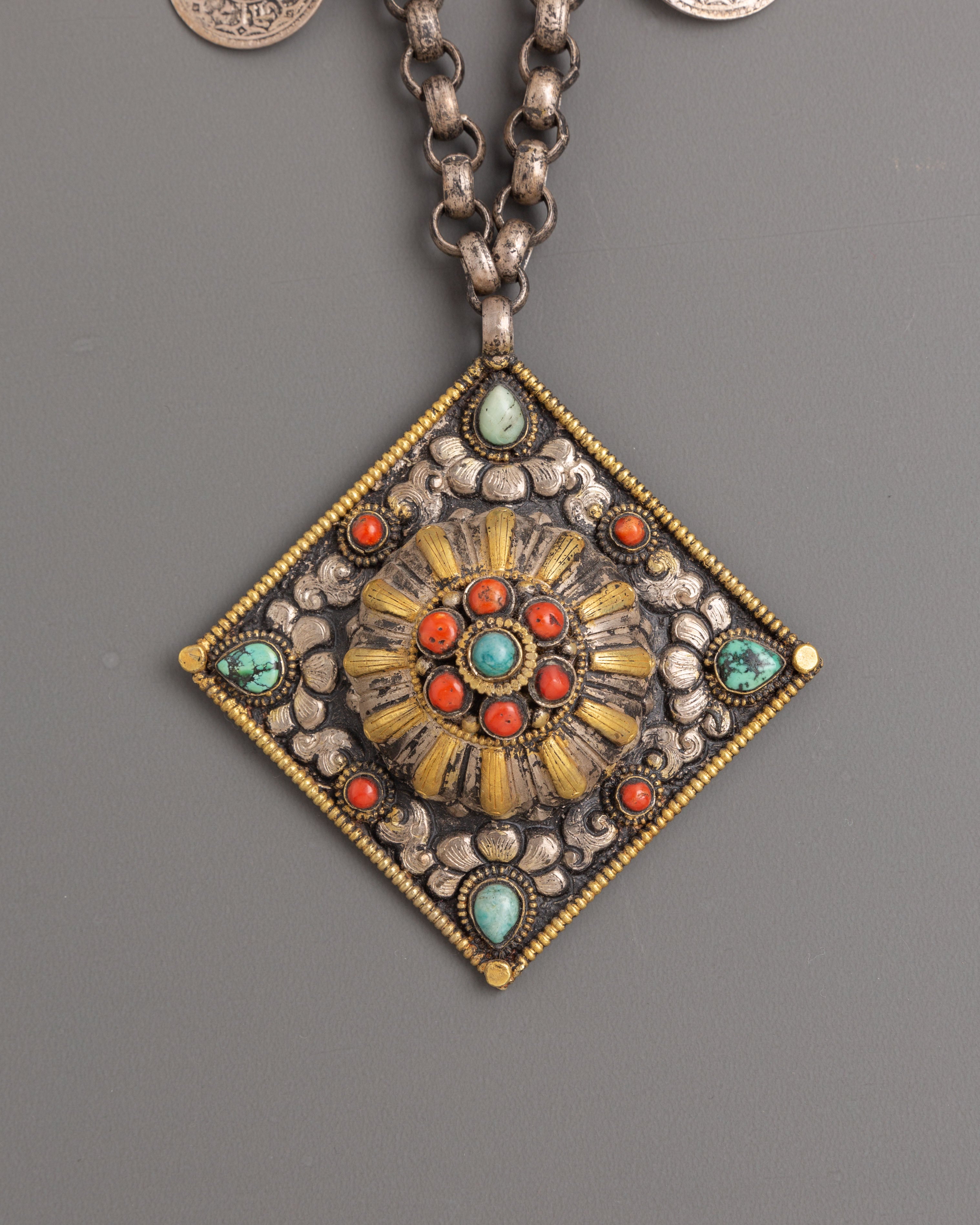 Handmade Silver Locket with Intricate Design | Coral Turquoise Buddhist Amulet