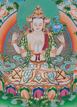 Original Hand-Painted Four Armed Chenrezig Thangka | Tibetan Buddhist Painting