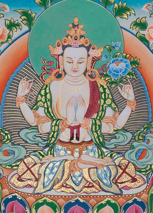 Original Hand-Painted Four Armed Chenrezig Thangka | Tibetan Buddhist Painting