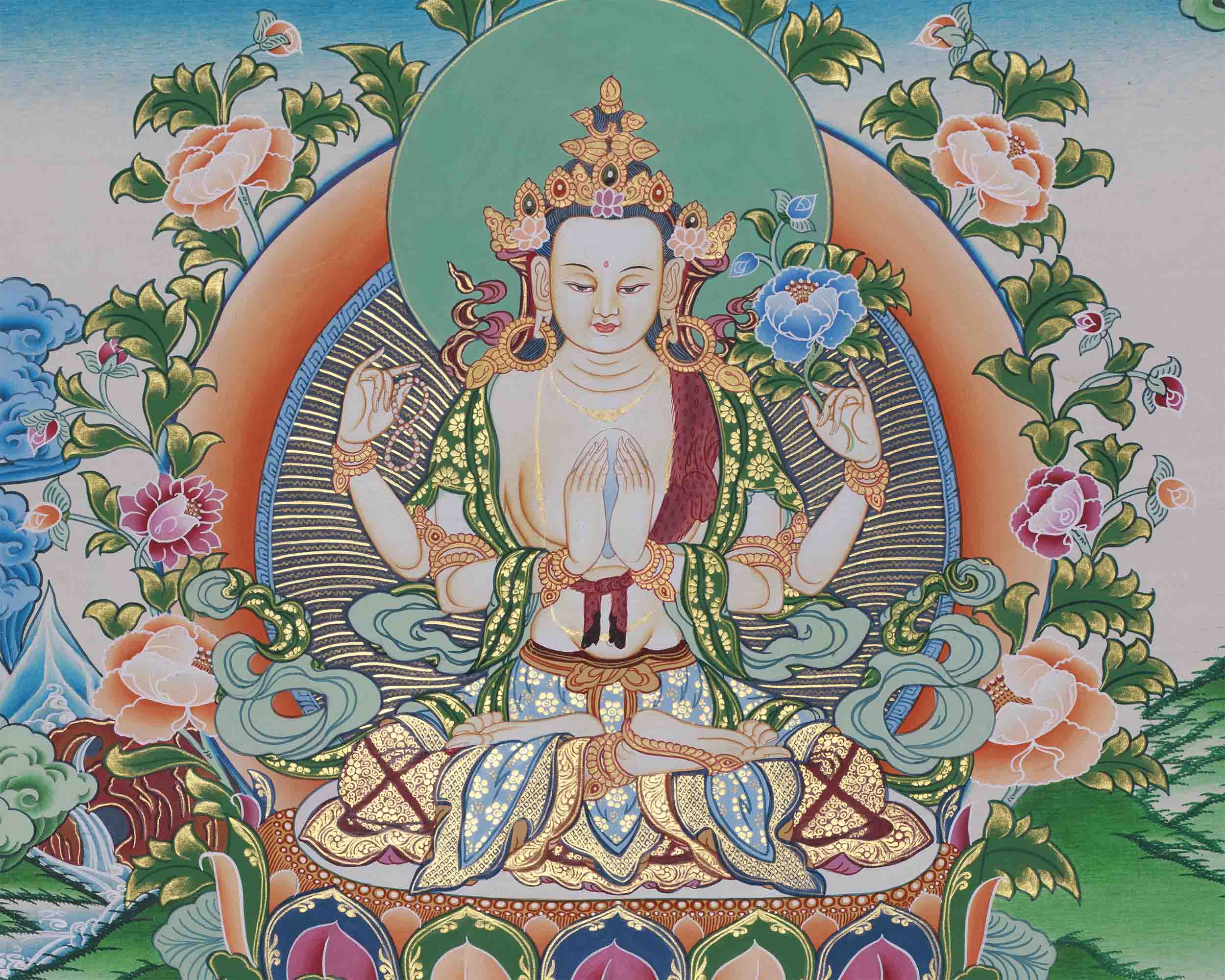 Original Hand-Painted Four Armed Chenrezig Thangka | Tibetan Buddhist Painting