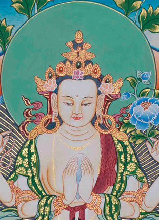 Original Hand-Painted Four Armed Chenrezig Thangka | Tibetan Buddhist Painting