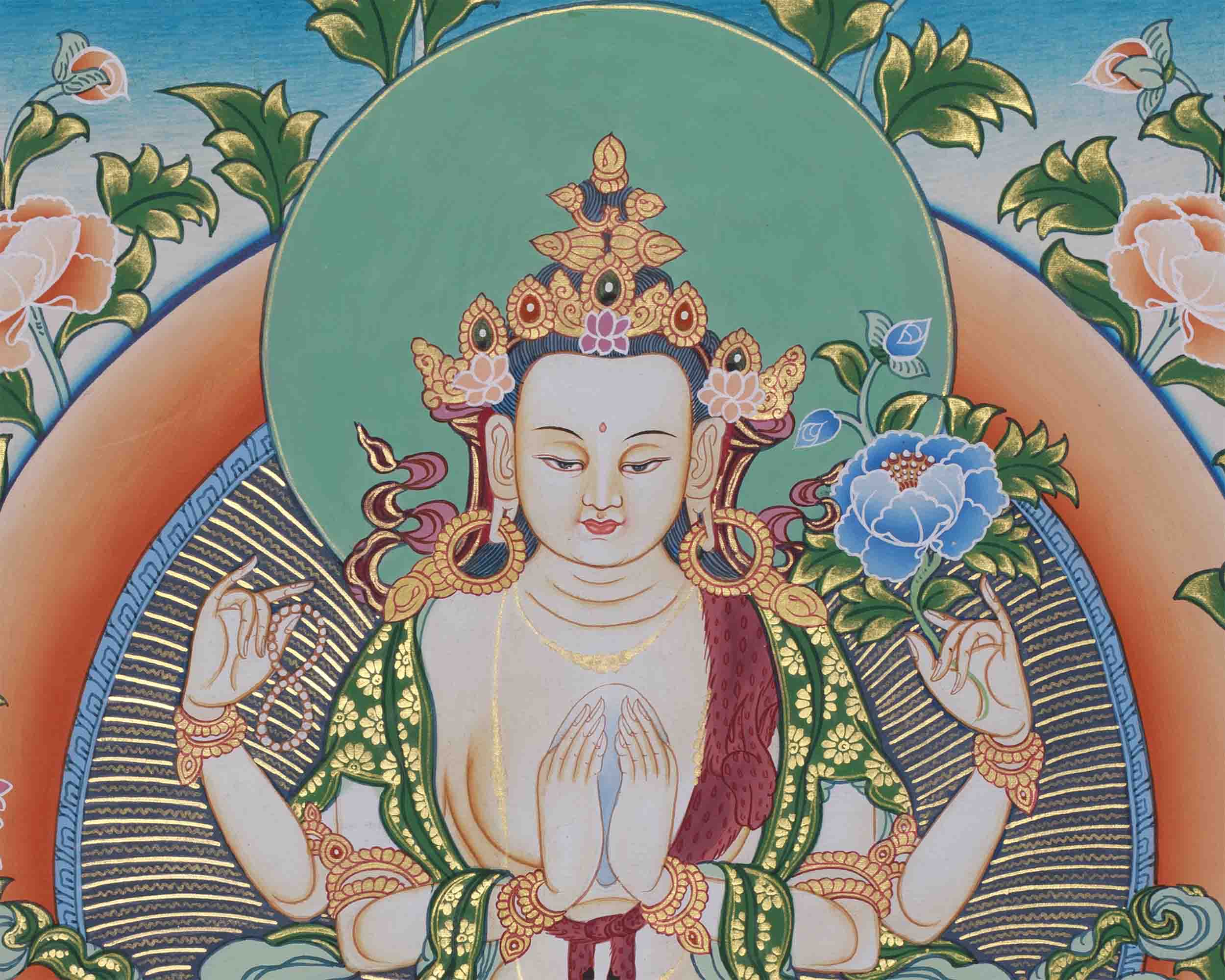 Original Hand-Painted Four Armed Chenrezig Thangka | Tibetan Buddhist Painting